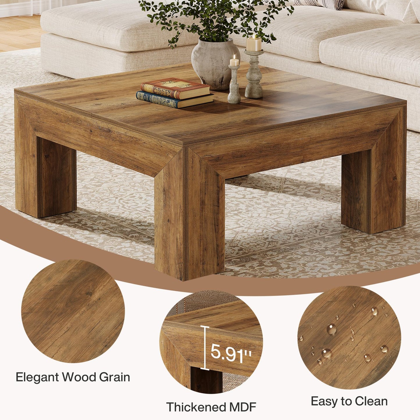 Tribesigns Coffee Table, Square Living Room Table, Coffee Table with Sturdy Wooden Feet for Couch Bedroom, 100 x 100 x 50 cm, Rustic Brown
