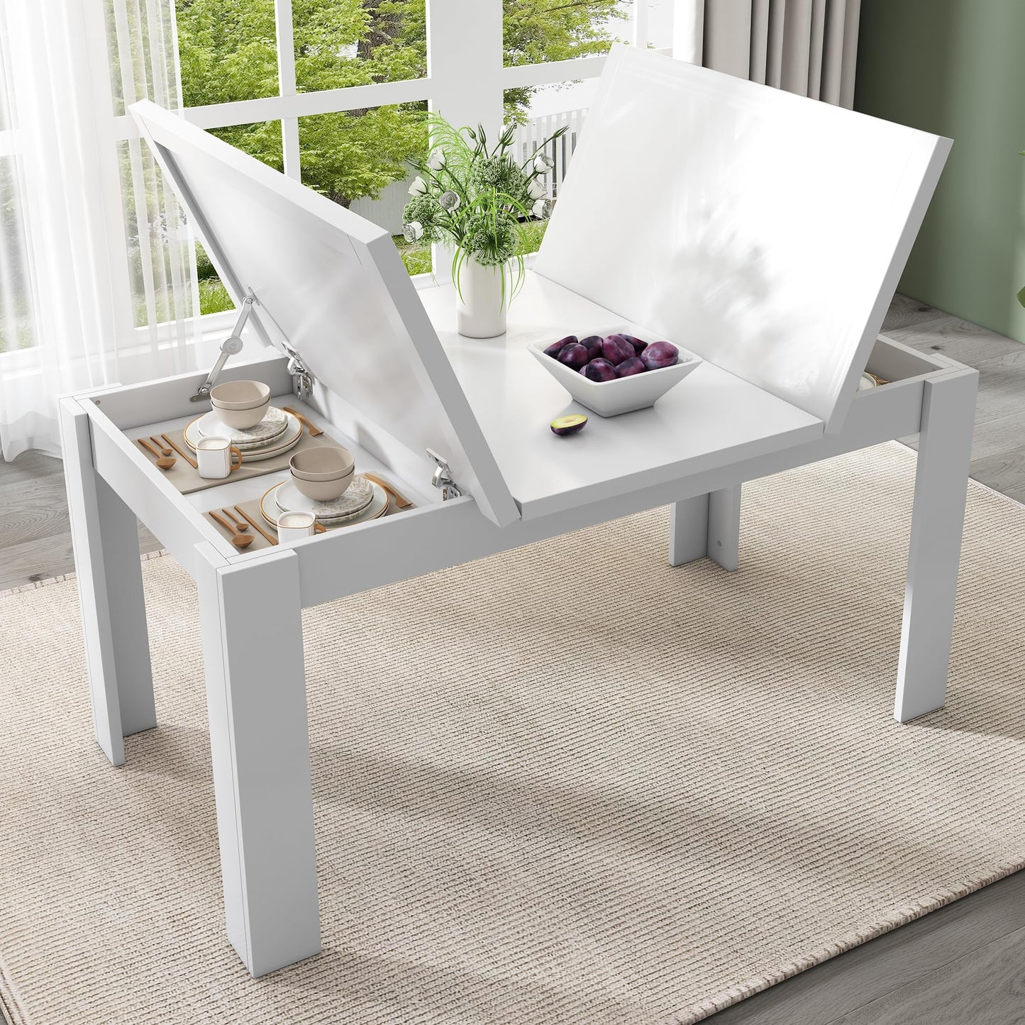 Merax Dining Table 120 x 70 cm with Hidden Storage Space Modern Rectangular Kitchen Table Space Saving Multifunctional Desk or Coffee Table White