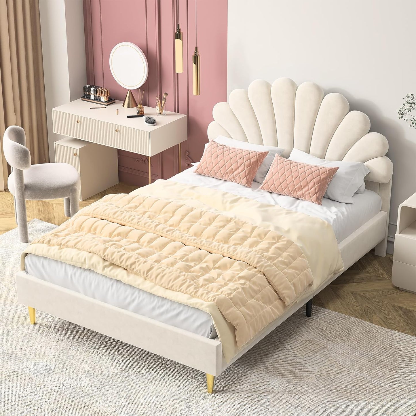 Upholstered Sofa Bed 140 x 200 cm, with Ambient Light and USB Connection, Children's Bed with Slatted Frame, Functional Bed, Teenager's Bed, Lambswool Material, Pink
