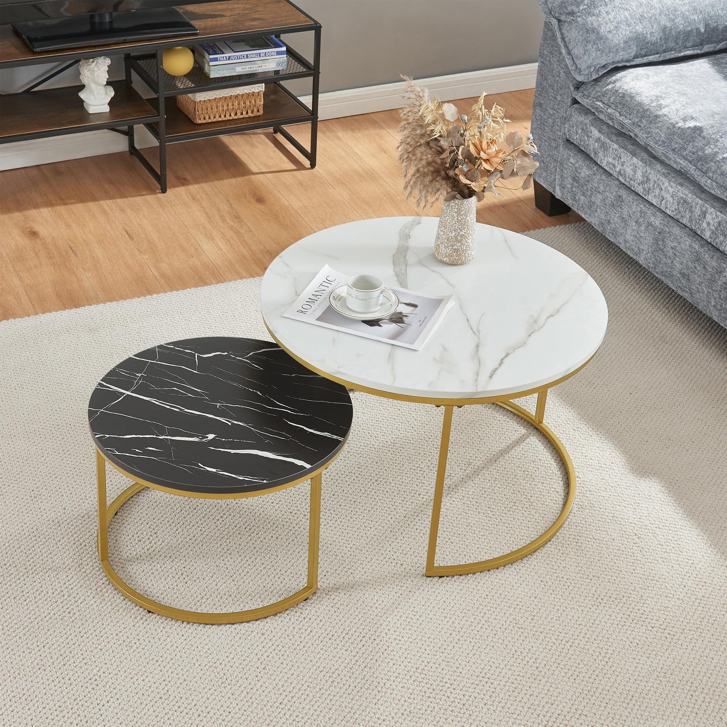 [en.casa] Christchurch Coffee Table, Set of 3, Round Sofa Table, Side Table with Metal Frame, Coffee Table, Marble Look, White/Gold