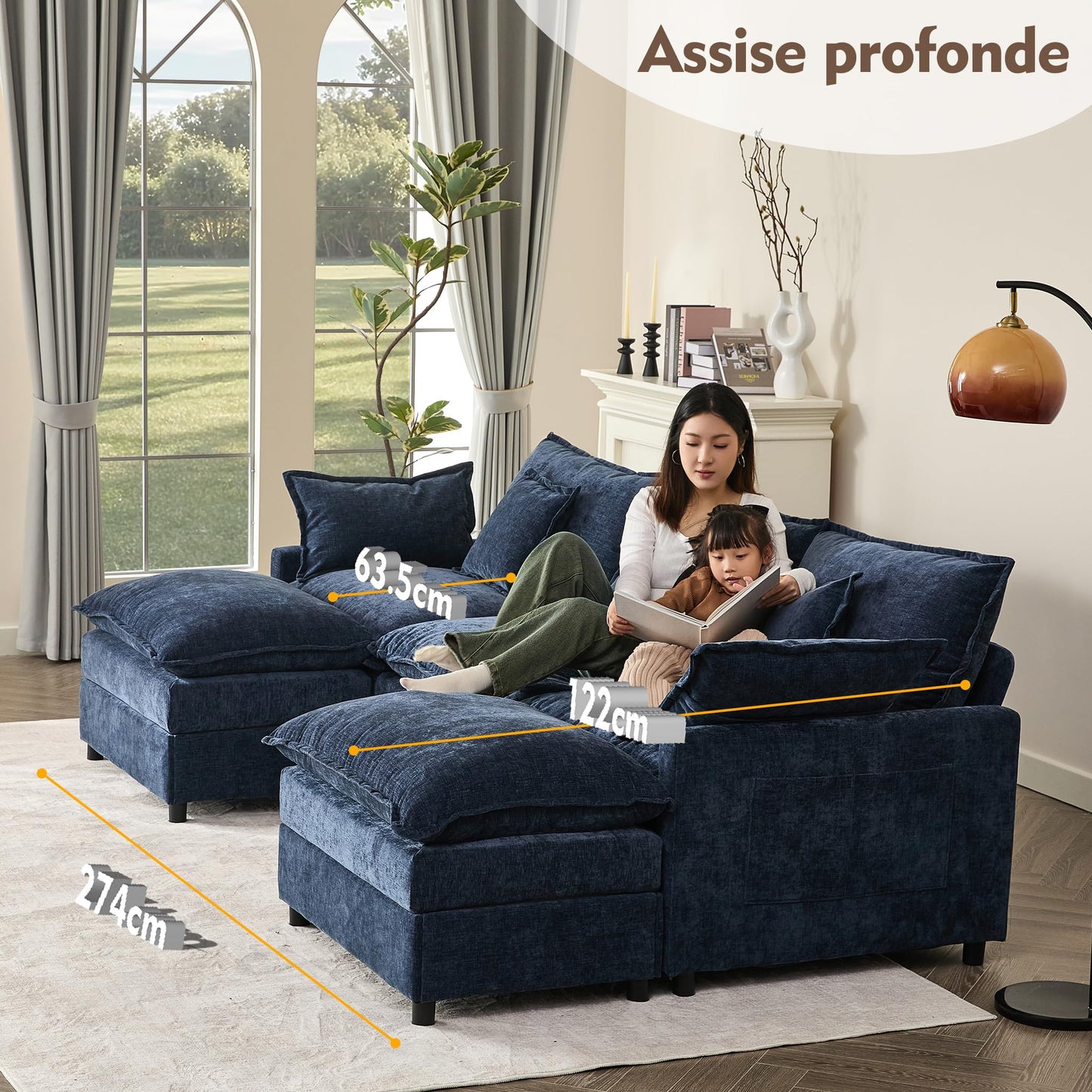 Litbird U-förmiges modulares Sofa 3-Sitzer Ecksofa mit Hocker, tiefes Sitzdesign, Cloud Couch für Wohnzimmer(Hellbraun)