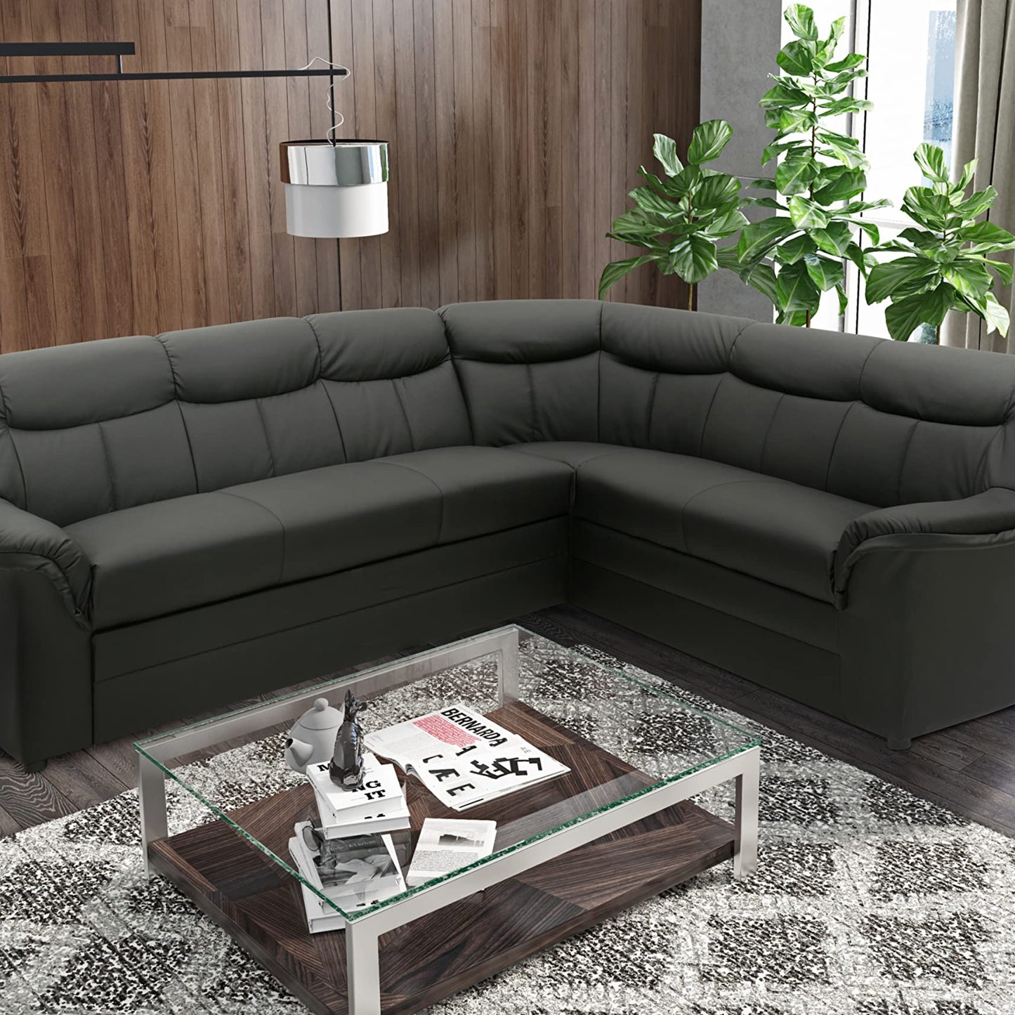 DOMO. collection Berlin Corner Sofa, Timeless Leather Corner Sofa with High-Quality Spring Core Padding, L-shaped Faux Leather, Couch 205 x 250 x 89 cm, Black