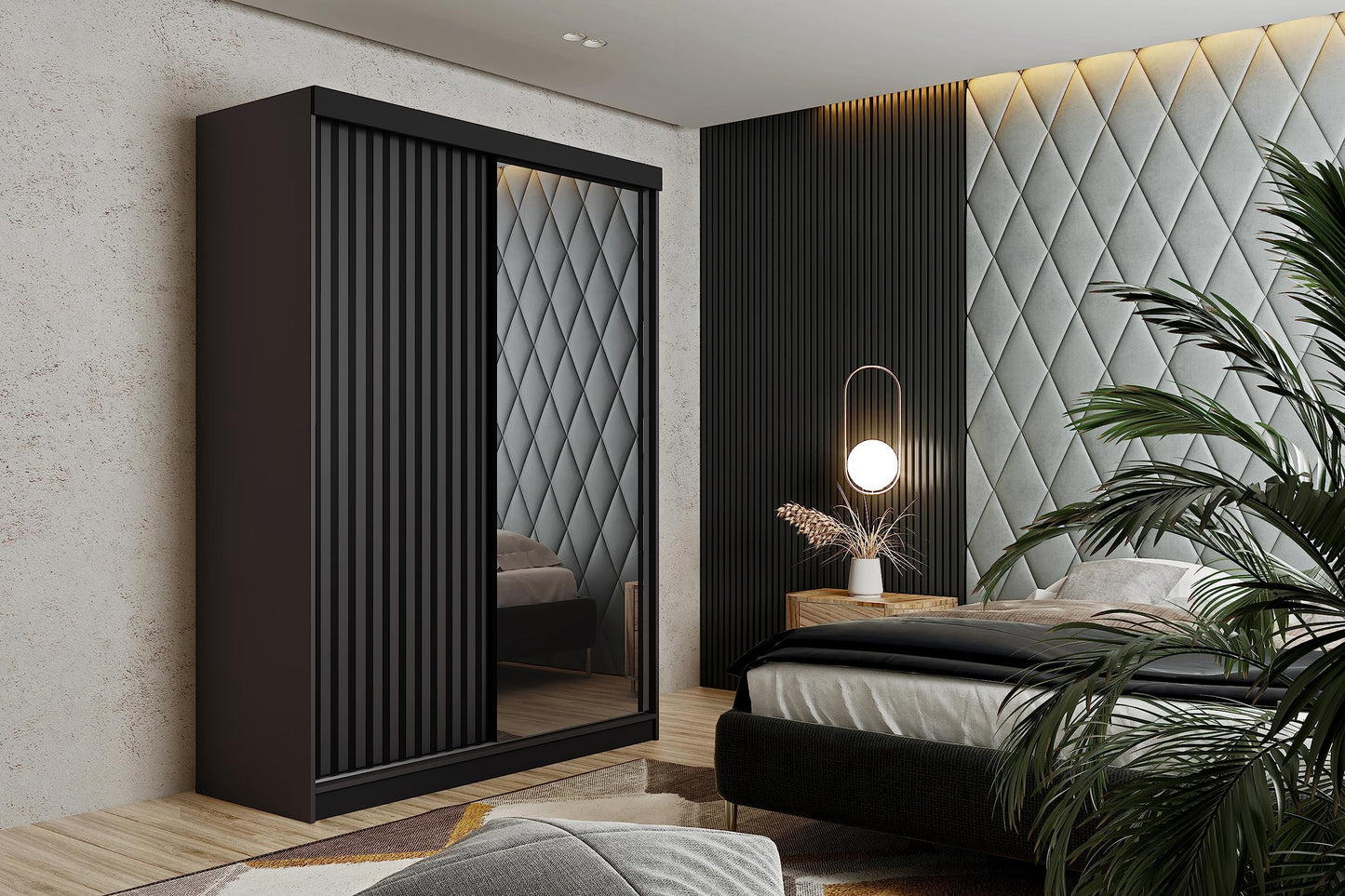 KIER FURNITURE Mehrzweckschrank Malani 200 Schiebetürenschrank - Eleganter Kleiderschrank Schrank Garderobe Spiegel - Wohnzimmerschrank Schiebetüren - Graphit Anthrazit 200x205x59 cm