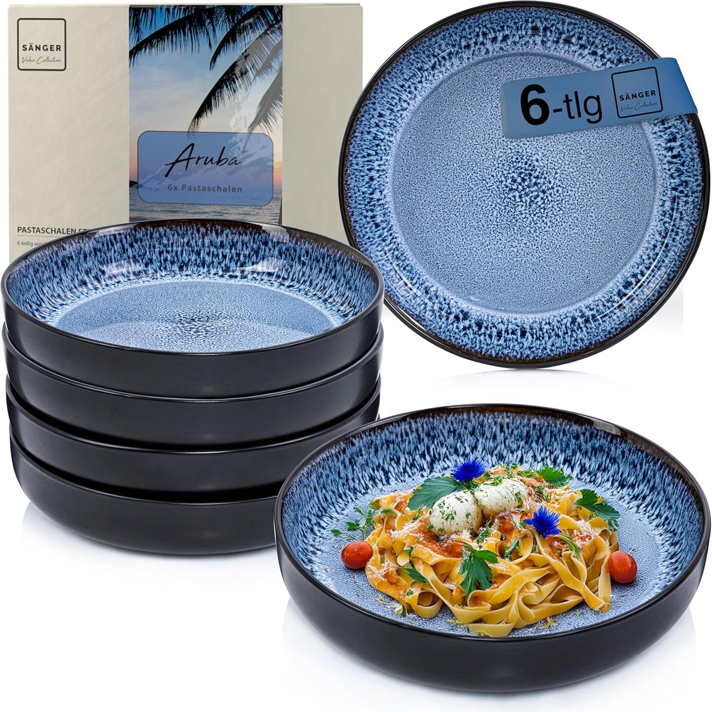 SÄNGER Manila Dinner Service for 6 People, Plate Set, Coffee Mug, Pasta Bowl, 30 Pieces, Stoneware Crockery Set, Dishwasher, Microwave, Scratch-Resistant, Blue with Black Rim, Value Collection