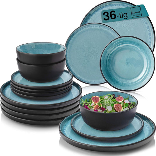 SÄNGER Manila Dinner Service for 6 People, Plate Set, Coffee Mug, Pasta Bowl, 30 Pieces, Stoneware Crockery Set, Dishwasher, Microwave, Scratch-Resistant, Blue with Black Rim, Value Collection