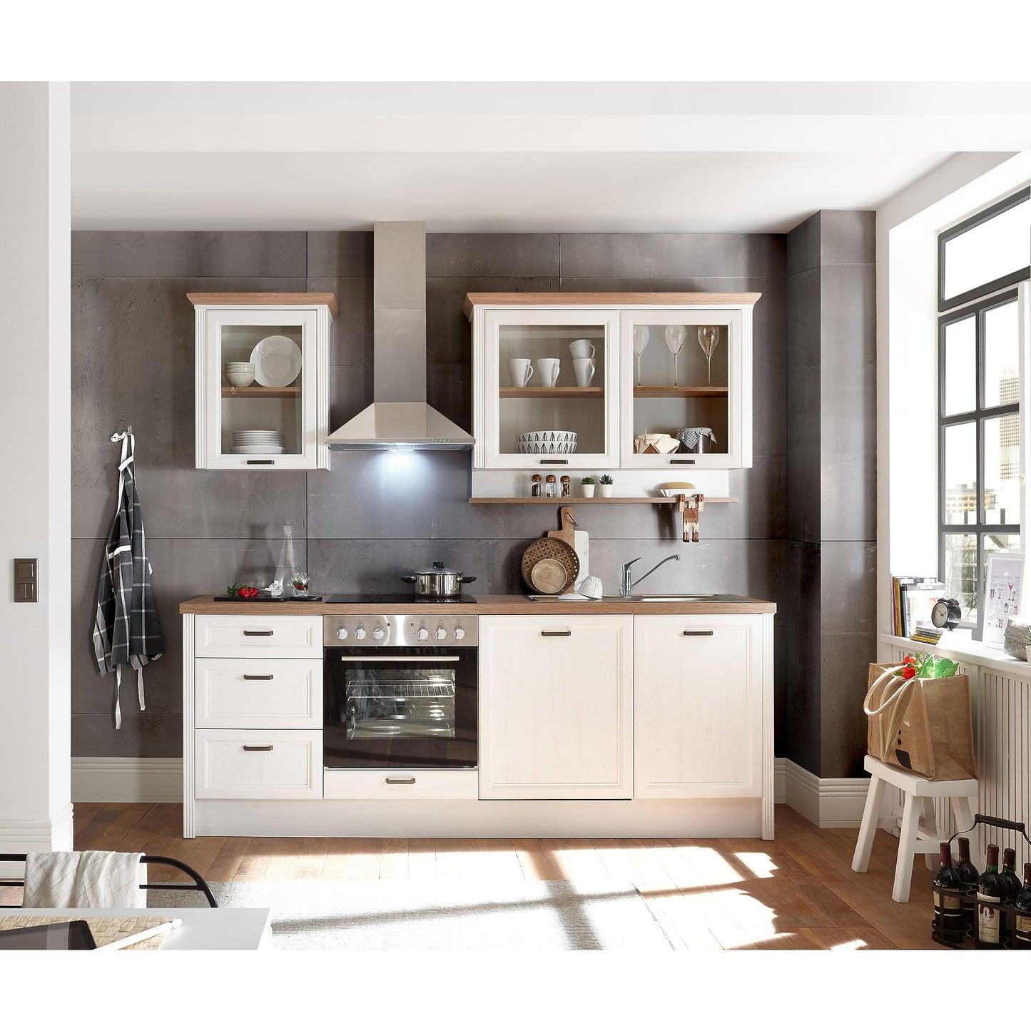 Jasmin Modern Kitchen Unit without Electrical Appliances in Light Pine Artisan Oak Look - Spacious Fitted Kitchen in Country House Style - 344 x 228 x 60 cm (W x H x D)