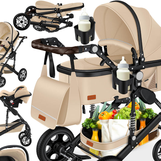 Kesser® Loops 3-in-1 Combination Pram, Complete Set Including Baby Tub & Buggy Sports Seat & Baby Car Seat, Full Rubber Tyres, Changing Bag / Rain Cover / Children's Table Set