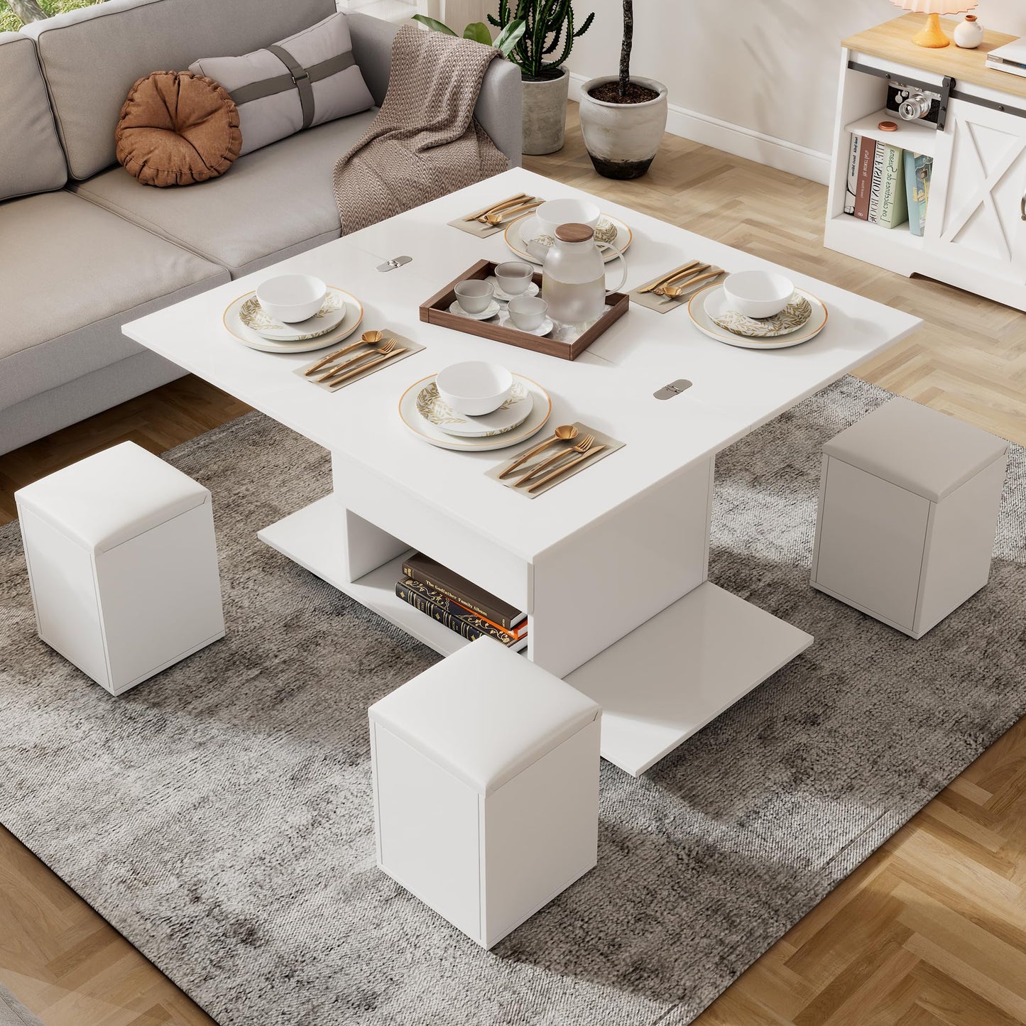 Coffee Table Height Adjustable with 4 Storage Space Stools, Living Room Table Coffee Table with Extendable Table Top, Movable Coffee Table with Storage Space, Table Living Room Dining Table Set