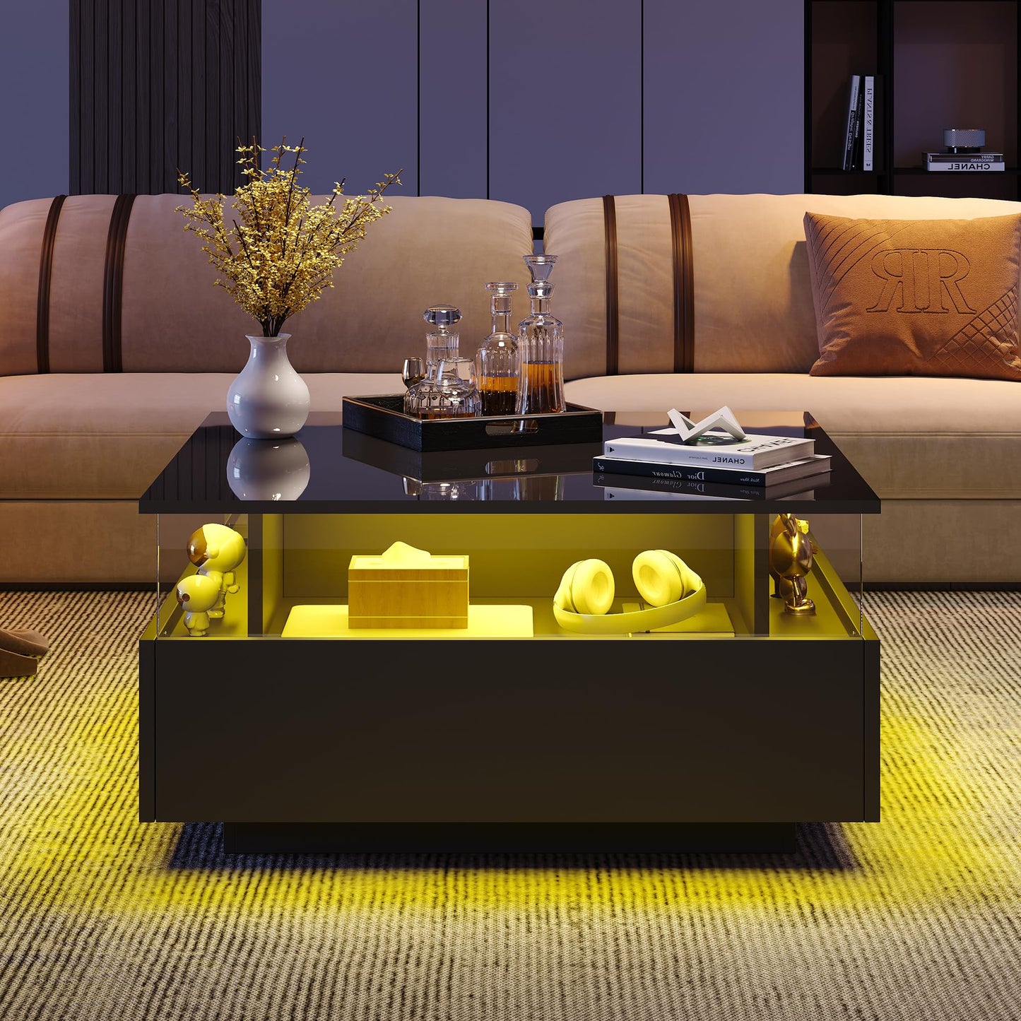 Modern High-Gloss LED Coffee Table with 2 Drawers and Transparent Presentation Area, Storage Space, Stable and Durable - Load Capacity up to 30 kg, Ideal for Living Room, 70 x 70 x 41 cm (Black)