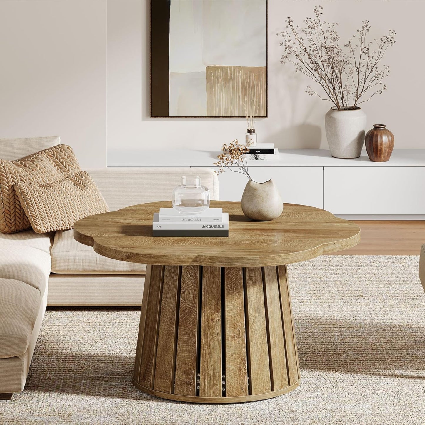 Tribesigns Round Coffee Table 85cm Country Style Living Room Table with Flower Shaped Table Top, Cocktail Table with Wood Accents and Aesthetic Slatted Base Design for Small Spaces, Living Room