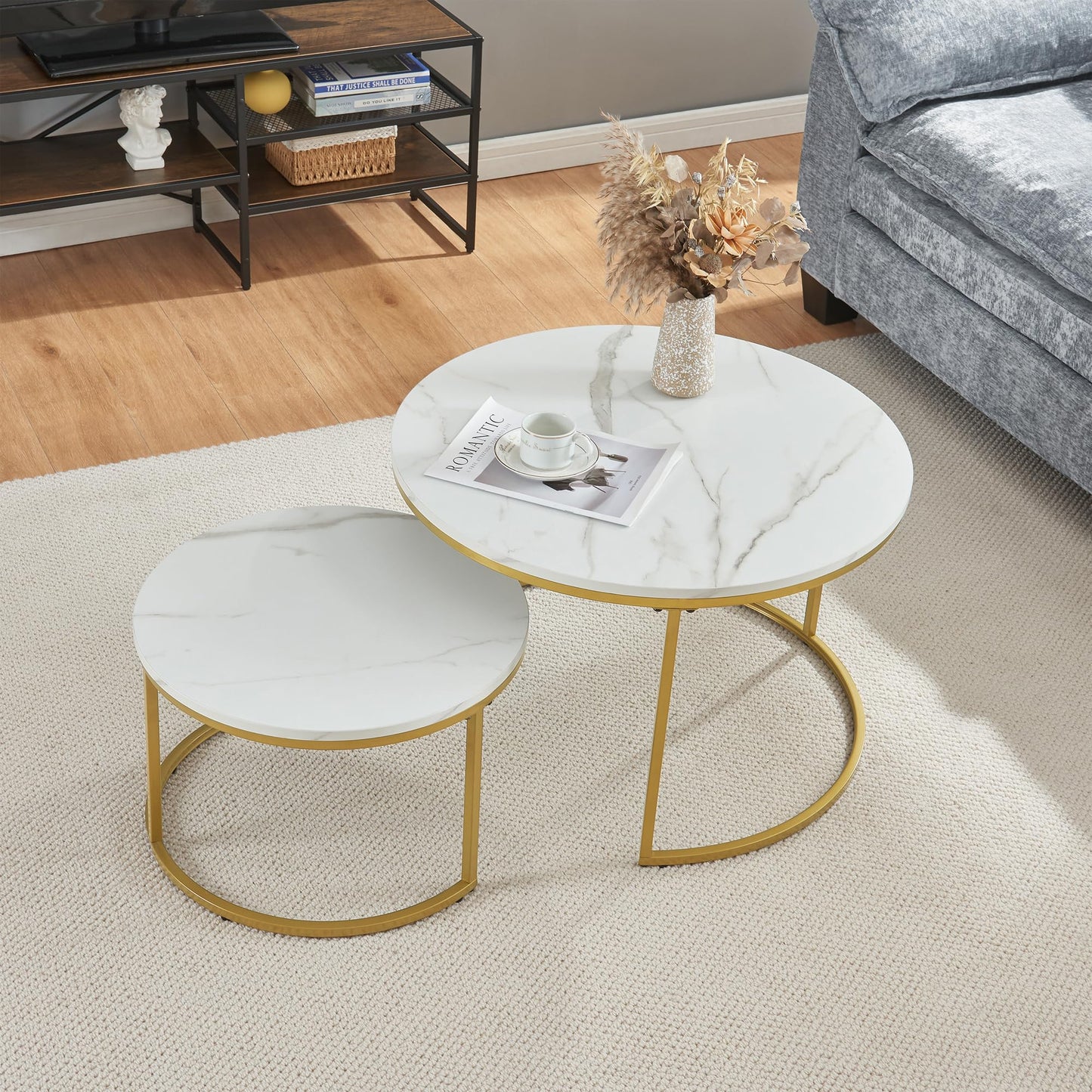 [en.casa] Christchurch Coffee Table, Set of 3, Round Sofa Table, Side Table with Metal Frame, Coffee Table, Marble Look, White/Gold