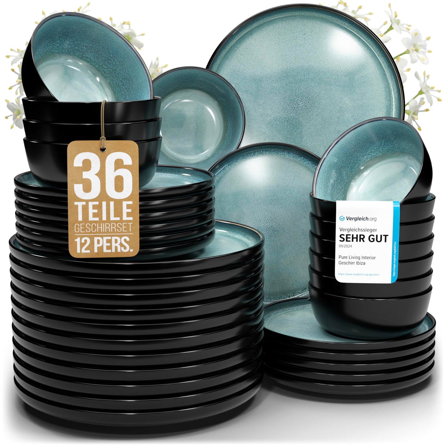 Ibiza Stoneware Crockery Set for 12 People, 48 Pieces, Test Winner, Dreamlike Mediterranean Stoneware Crockery Set, Bowl and Plate Set, Dinner Service for 12 People, Pure Living Crockery Sets in Deep