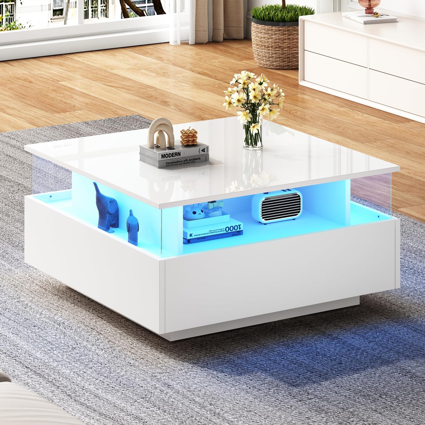 Modern High-Gloss LED Coffee Table with 2 Drawers and Transparent Presentation Area, Storage Space, Stable and Durable - Load Capacity up to 30 kg, Ideal for Living Room, 70 x 70 x 41 cm (Black)