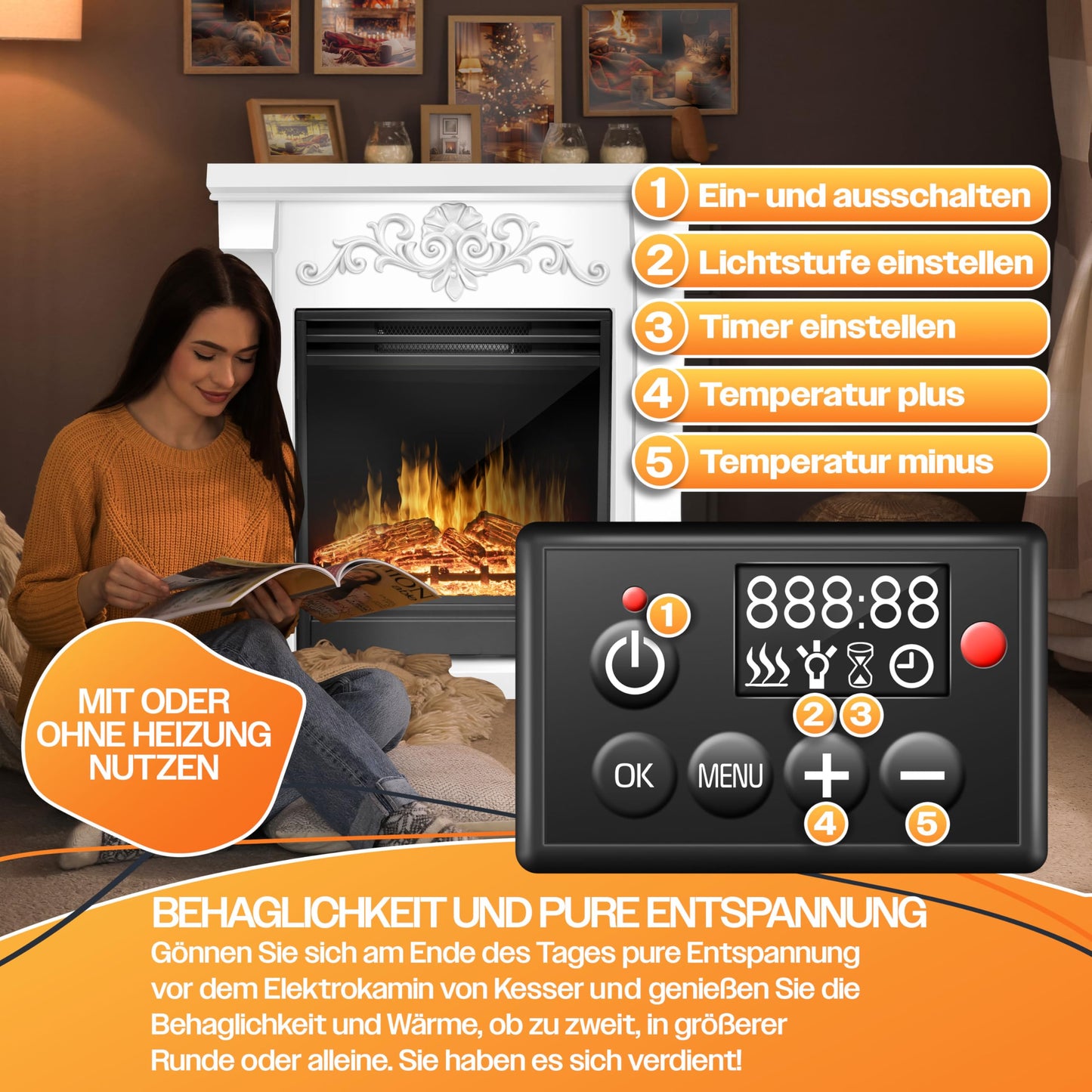 KESSER® Electric Fireplace with LED 3D Flame Effect, Heating Function, 1,800 W Power, Timer, Thermostat, Remote Control, Dimmable, Natural/Brown