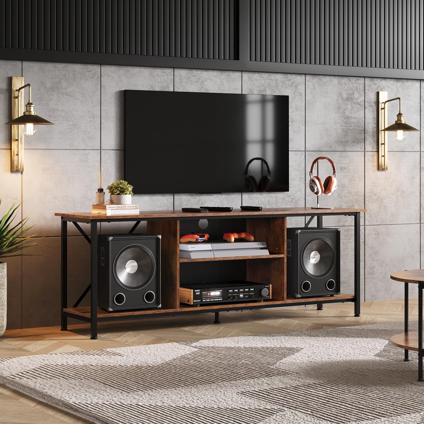 WLIVE TV Schrank, TV Lowboard für Fernseher bis zu 65 Zoll, TV Board Fernsehschrank mit Offenen Stauraum, 140 x 40 x 49 cm, Fernsehtisch für Wohnzimmer und Schlafzimmer, Vintagebraun-Schwarz