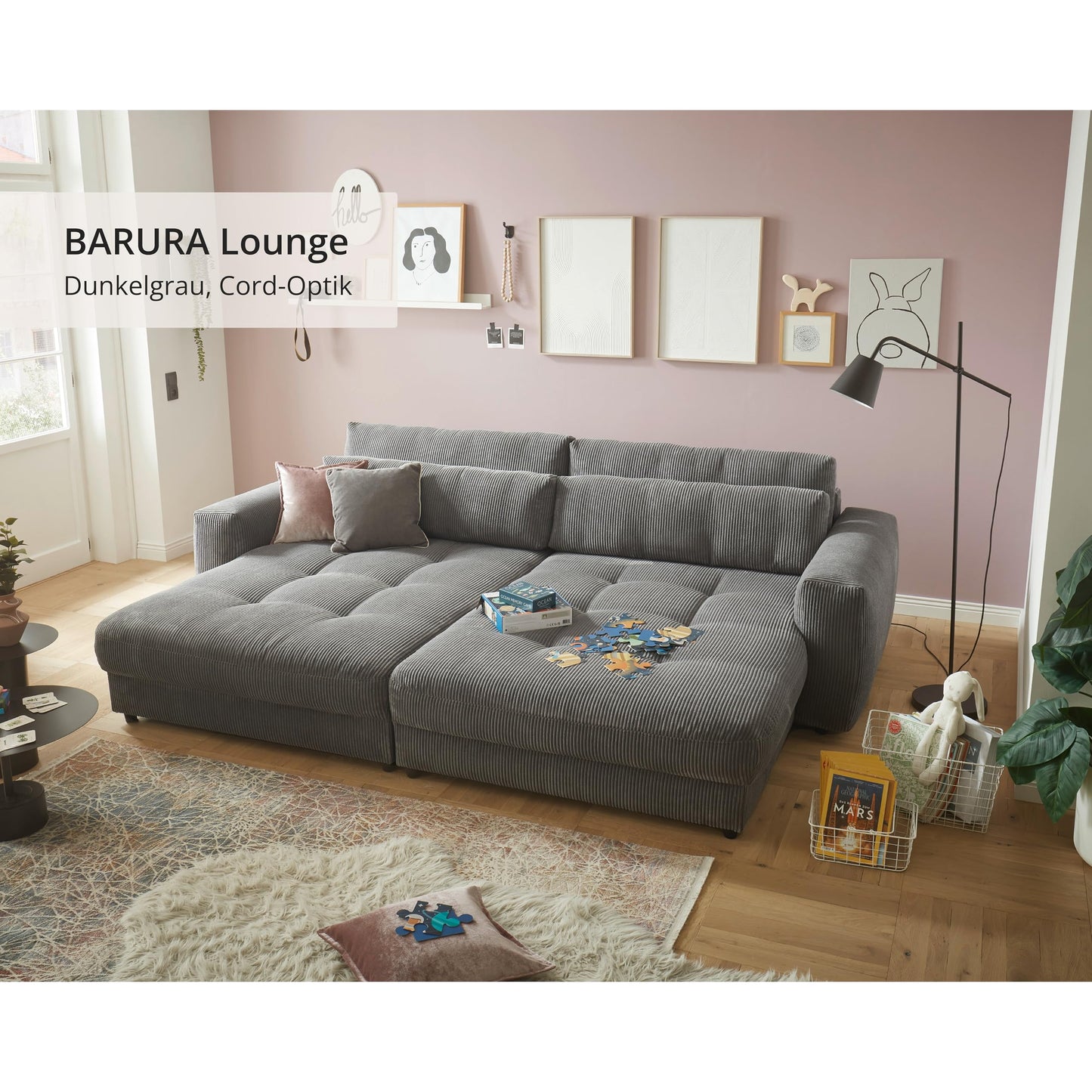 Barura Big Sofa in Corduroy Look, Ash - Comfortable Living Room Couch with Large Lying Surface - 292 x 90 (74) х 194 cm (W x H x D)
