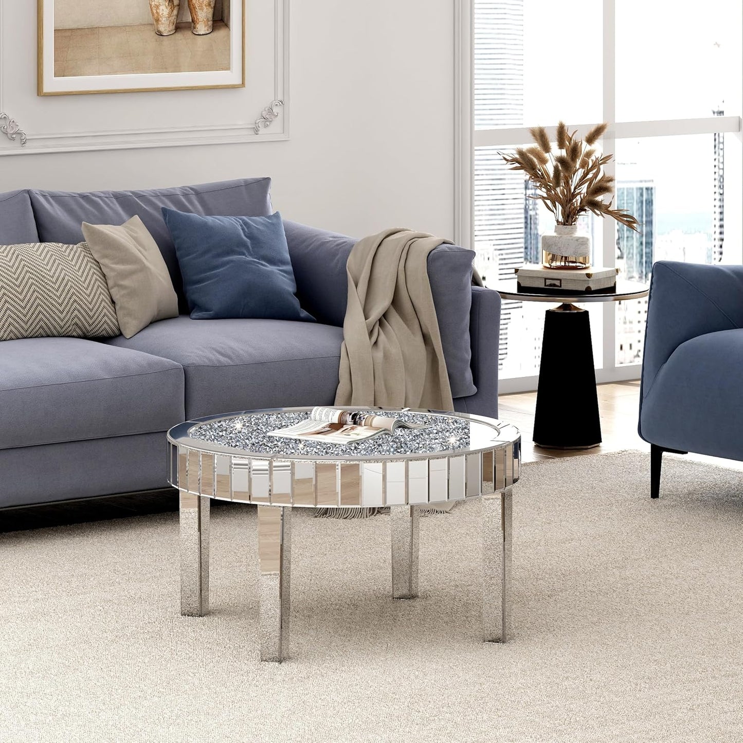 SHYFOY Mirrored Coffee Table Crystal, Round Living Room Table, Sofa Table for Living Room, Top with Crystal Diamonds, MDF Structure, Easy Assembly, Luxurious Mirror Furniture, Silver