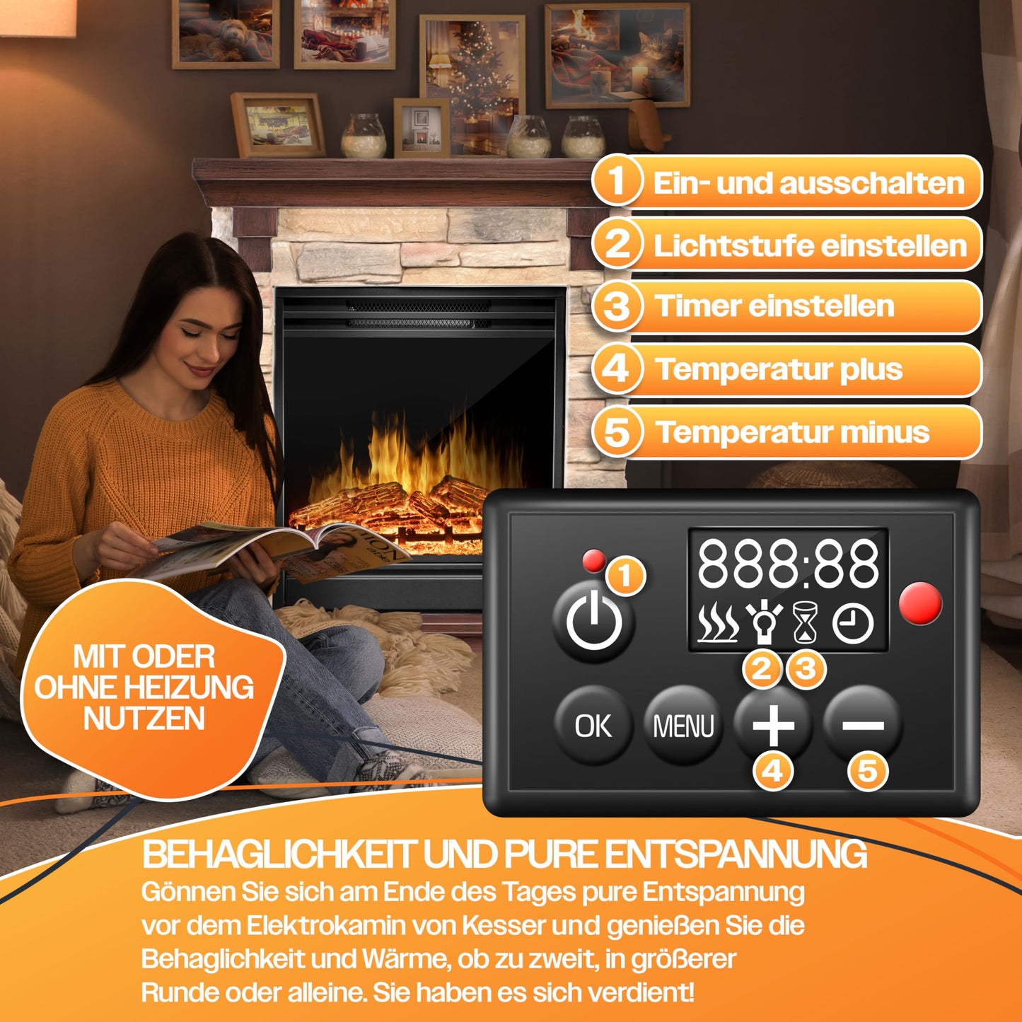 KESSER® Electric Fireplace with LED 3D Flame Effect, Heating Function, 1,800 W Power, Timer, Thermostat, Remote Control, Dimmable, Natural/Brown