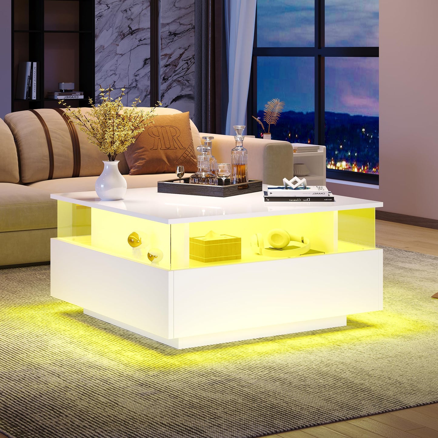 Modern High-Gloss LED Coffee Table with 2 Drawers and Transparent Presentation Area, Storage Space, Stable and Durable - Load Capacity up to 30 kg, Ideal for Living Room, 70 x 70 x 41 cm (Black)
