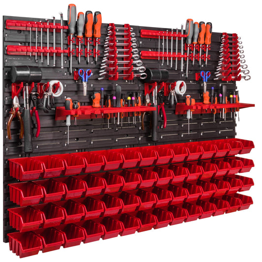 Storage System Wall Shelf 115 x 78 cm, Tool Holders, Pack of 56 Stacking Boxes, Storage Boxes, Extra Strong Wall Plates, Shelf Expandable, Workshop Shelf, Storage Shelf, Workshop Wall Shelf