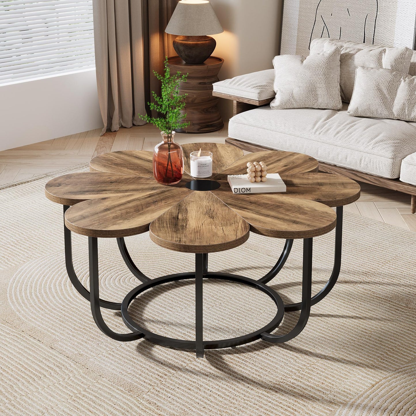 Tribesigns Coffee Table in White and Gold, Modern Coffee Table in Flower Shape with Faux Marble Top 100 cm Large Floral Accent Table with Metal Frame, Living Room Table, Sofa Table for Living Room
