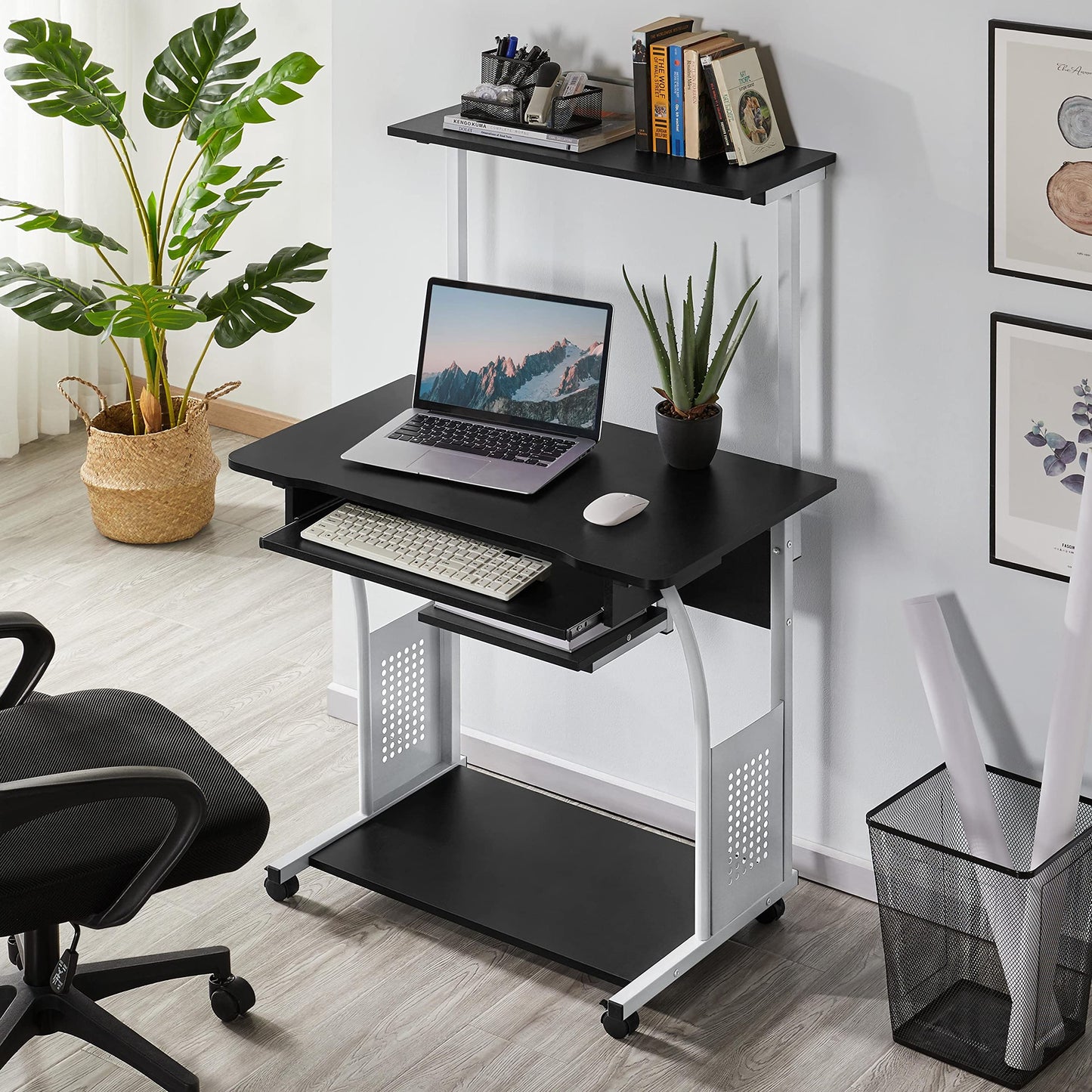 Yaheetech Desk with Printer Shelf Computer Desk Black PC Table with 4 Wheels 80 x 50 x 132 cm