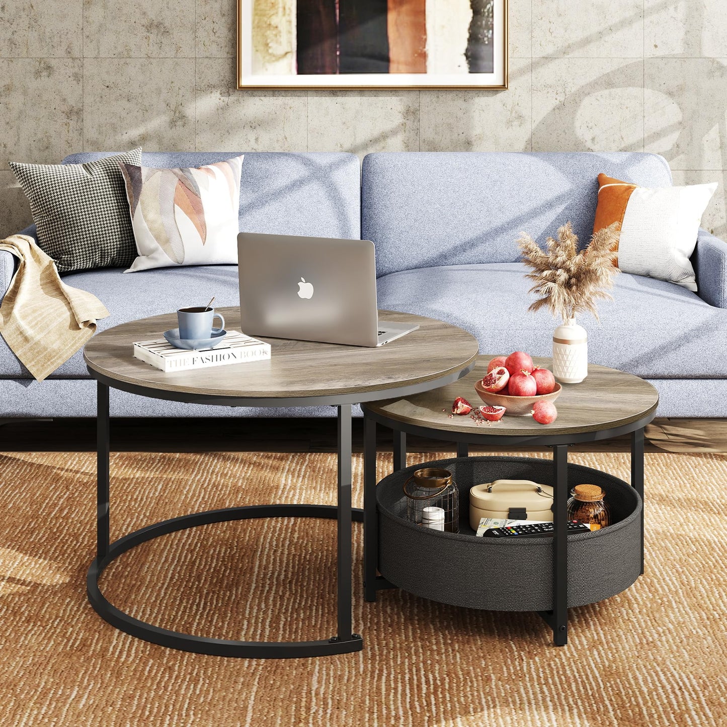 WLIVE Round Coffee Table, Set of 2, Modern Living Room Table, Round, Side Table with Fabric Basket, 80 cm Diameter Couch Table for Bedroom, Home Office (Grey Oak)