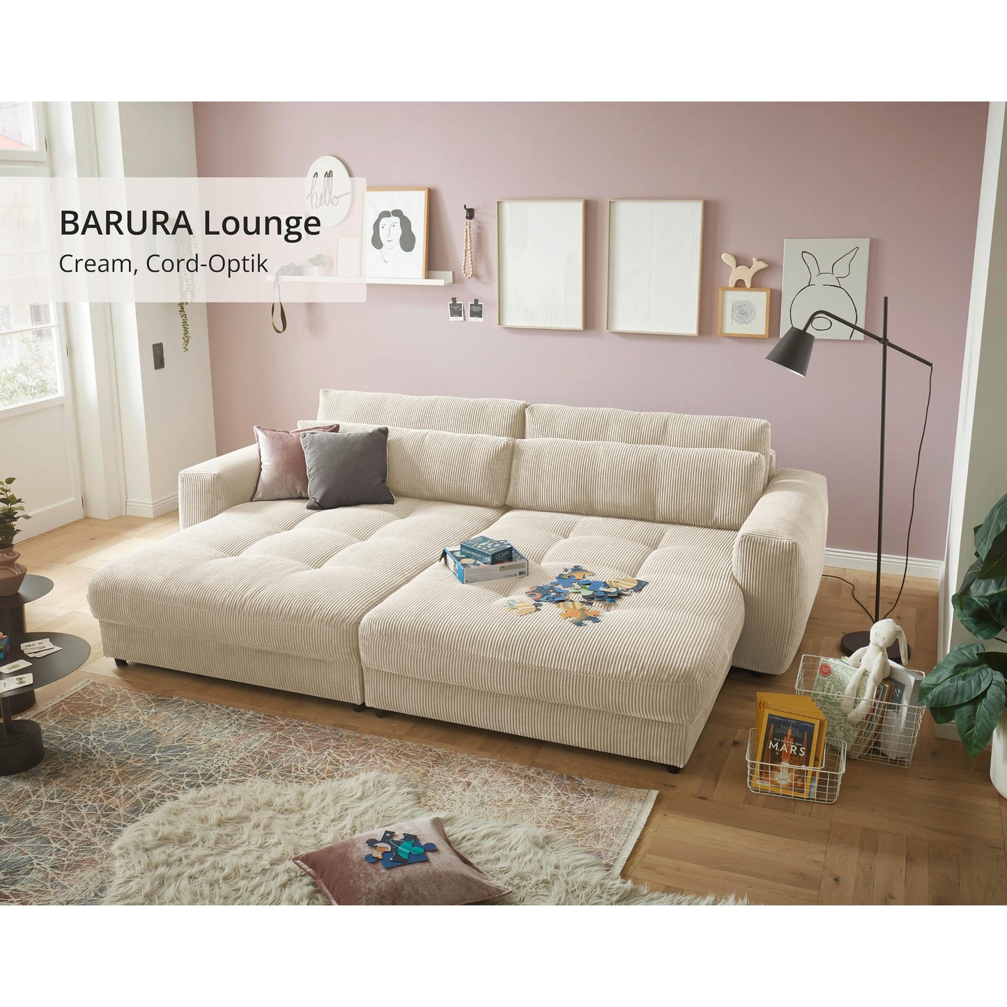 Barura Big Sofa in Corduroy Look, Ash - Comfortable Living Room Couch with Large Lying Surface - 292 x 90 (74) х 194 cm (W x H x D)