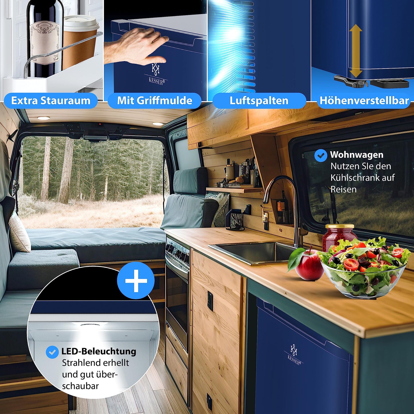 KESSER® Mini Fridge 40 L Lockable Mini Bar Ideal for Camping, Office, Bedroom, Hotel, Kitchen, Small Fridge Completely Silent, Interchangeable Door Hinge, Interior Lighting with Glass Opener