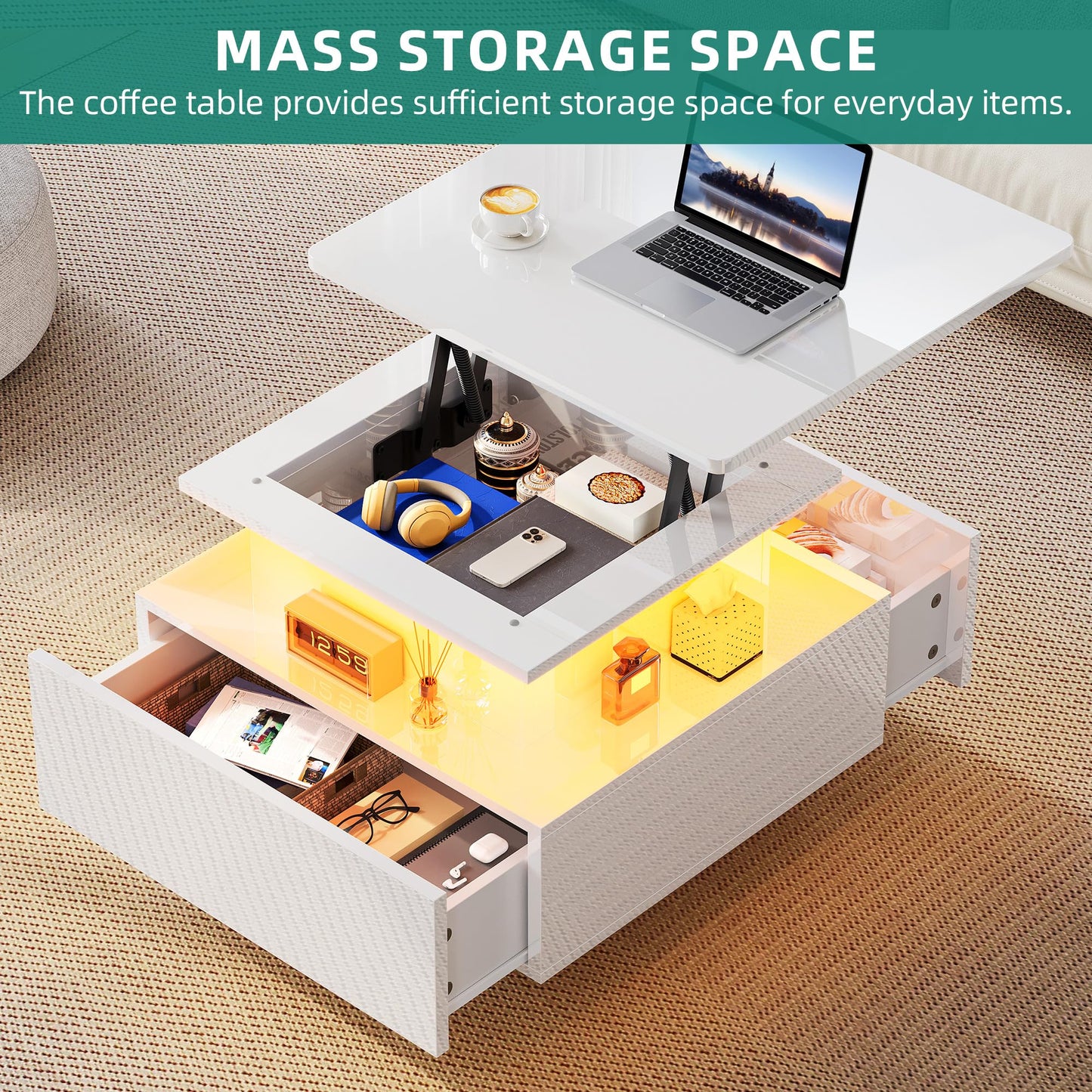 YITAHOME Coffee Table Height Adjustable with LED Lighting Modern 60 x 60 x 45 cm Living Room Table High Gloss with Open Display Shelf and 2 Drawers