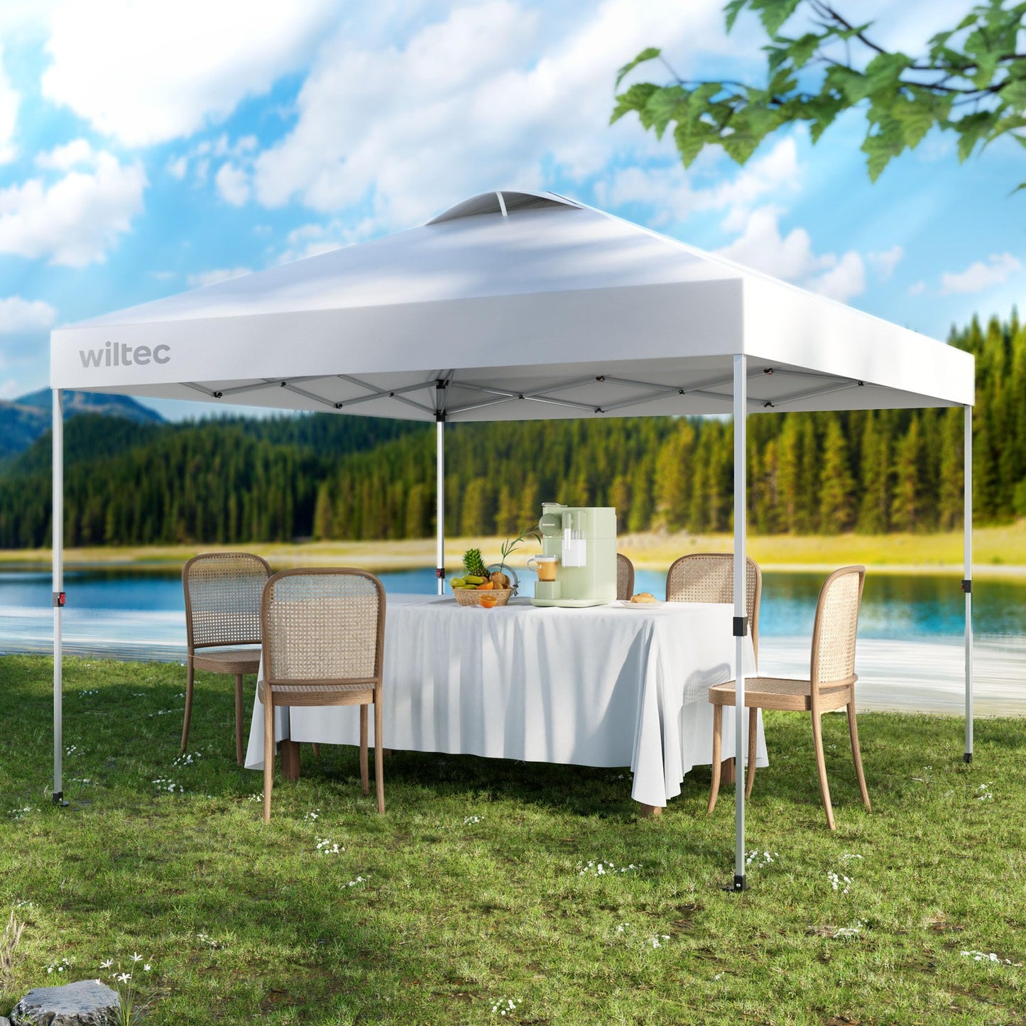 Wiltec Folding Gazebo Mosquito Net 4 x 4 m Beige Garden Gazebo with Wheels and Mosquito Net Party Tent with One Push Technology and Adjustable Legs