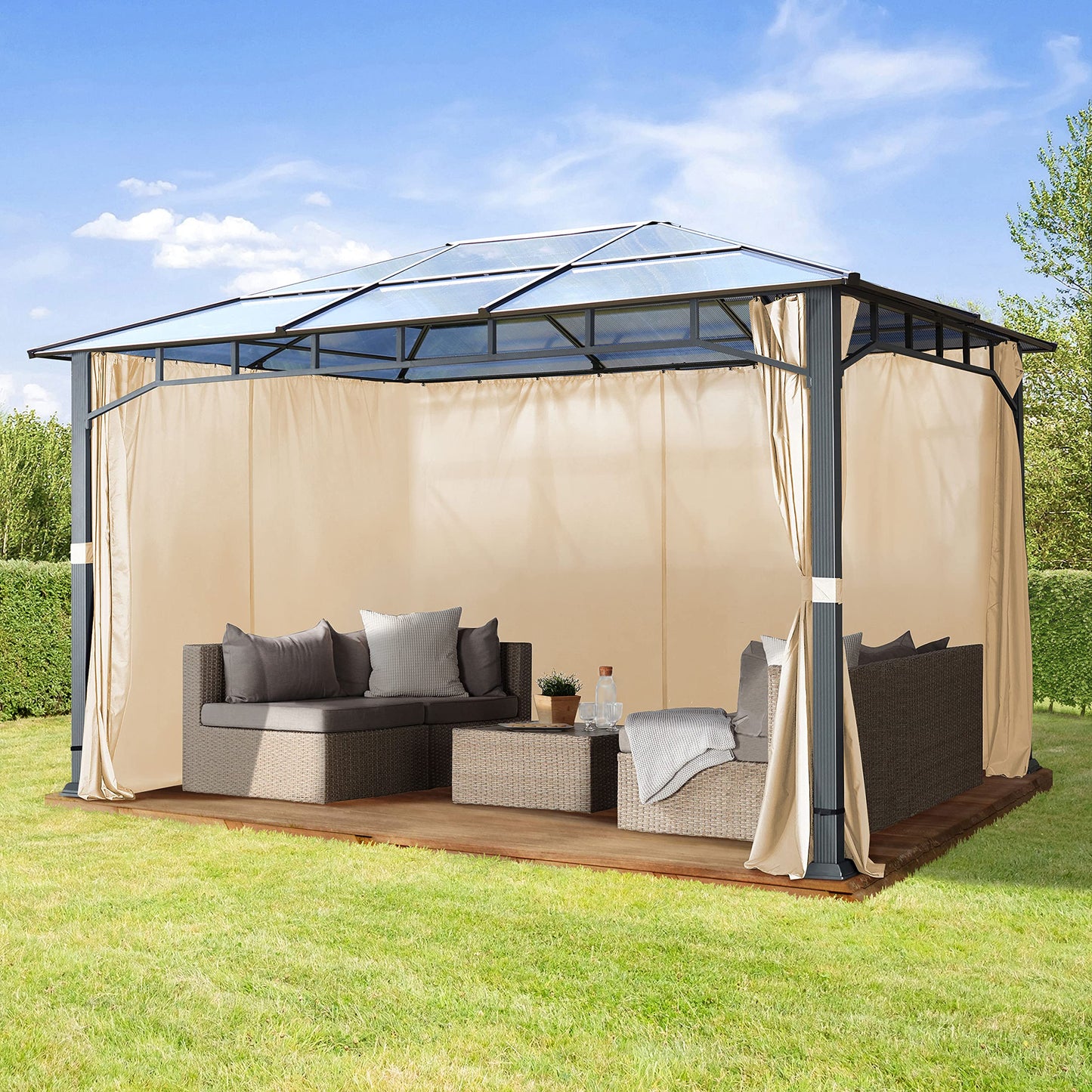 Toolport Garden Gazebo, 3 x 4 m, Waterproof, Aluminium, Deluxe, Polycarbonate Roof Approx. 8 mm, Gazebo with 4 Side Panels, Party Tent, Grey, 9 x 9 cm Profile