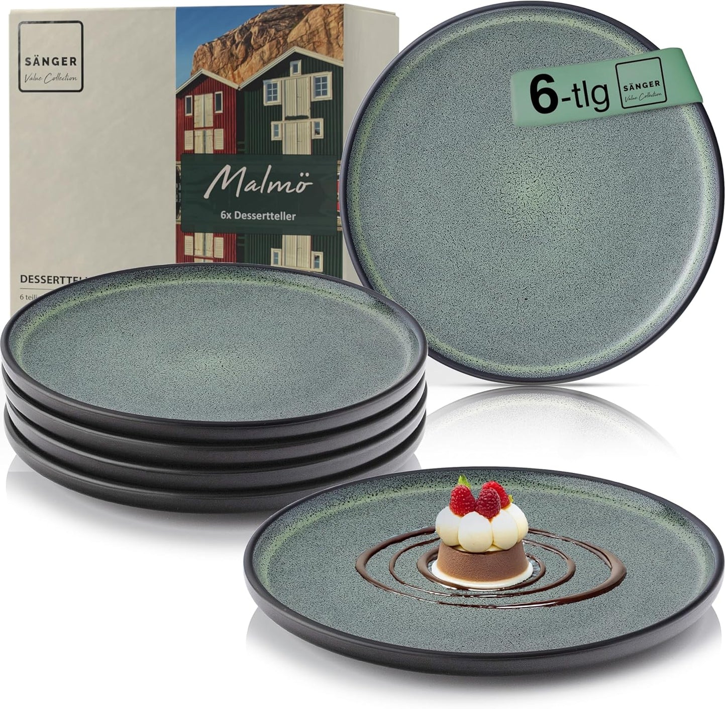 SÄNGER Manila Dinner Service for 6 People, Plate Set, Coffee Mug, Pasta Bowl, 30 Pieces, Stoneware Crockery Set, Dishwasher, Microwave, Scratch-Resistant, Blue with Black Rim, Value Collection