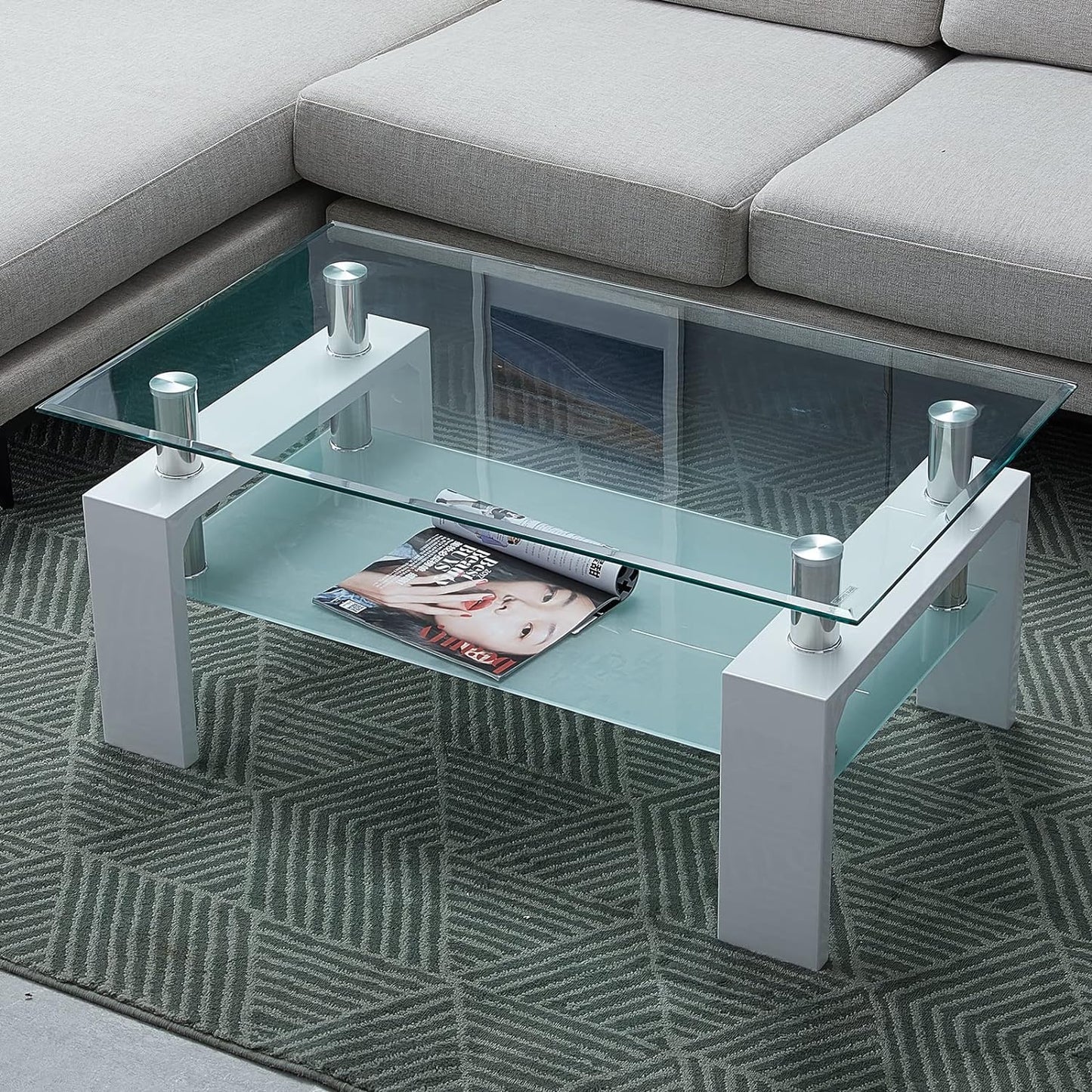 CLIPOP Rectangular Coffee Table Made of Tempered Glass, Living Room Table, Modern Sofa Table with Storage Space, Coffee Table, Glass Table with Lower Shelf for Living Room, Balcony, Bedroom, 100 x 60