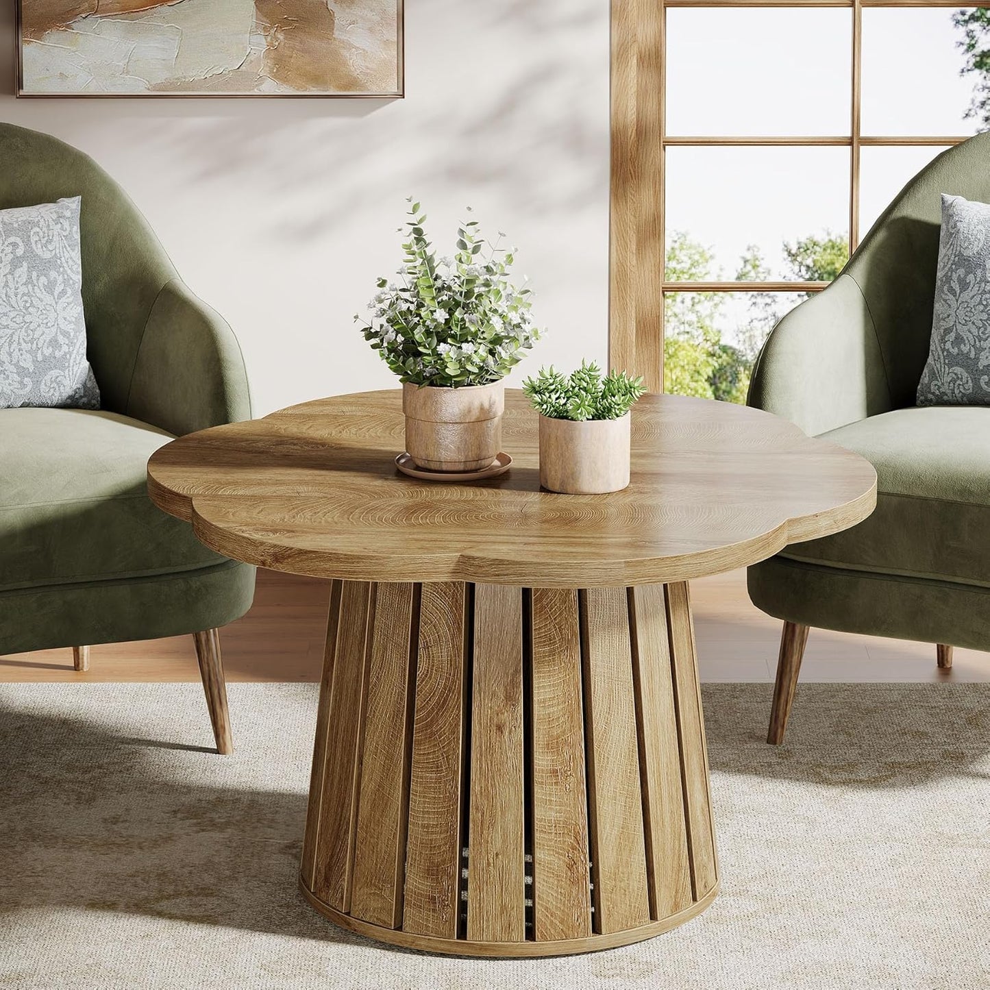 Tribesigns Round Coffee Table 85cm Country Style Living Room Table with Flower Shaped Table Top, Cocktail Table with Wood Accents and Aesthetic Slatted Base Design for Small Spaces, Living Room
