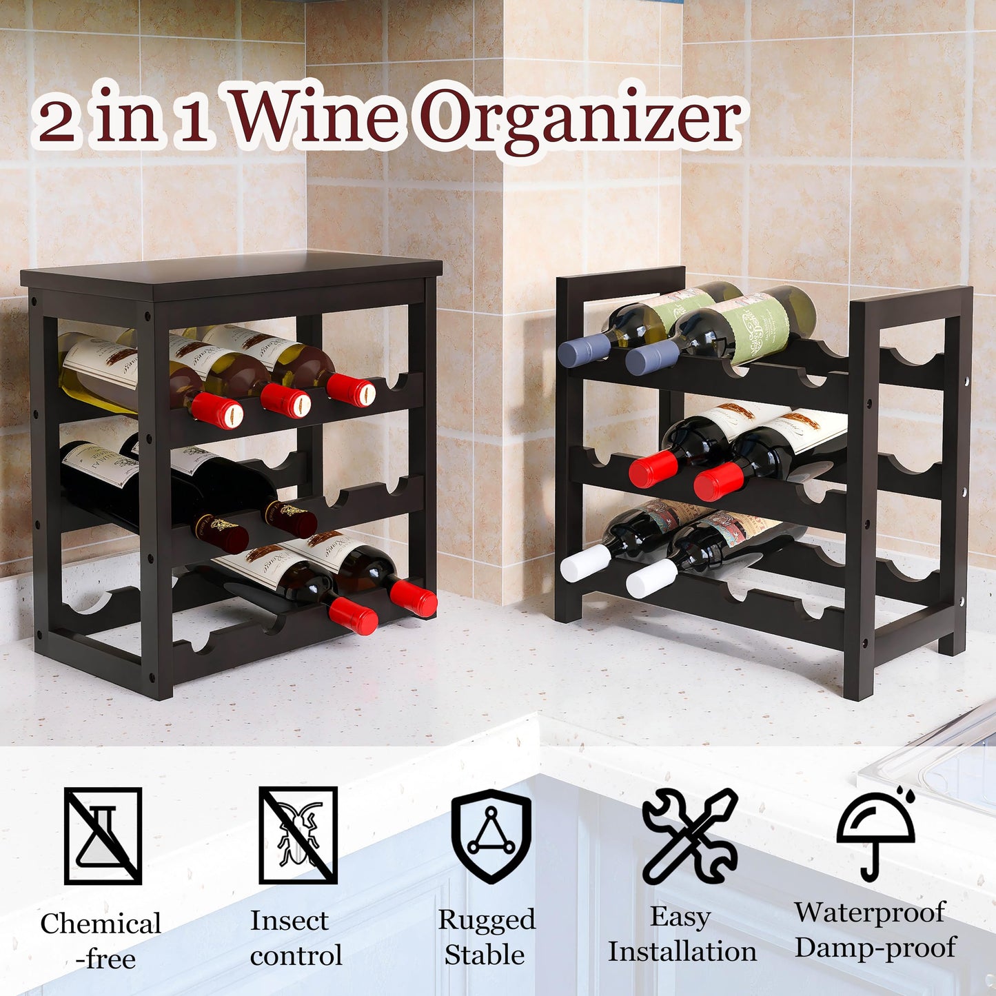24 Bottle Wine Rack Freestanding Base, 6 Tier Wine Display Storage Shelves with Table Top, Bamboo Wine Bottle Holder Stand with Wave Bars for Kitchen, Dining Room, Pantry, Black