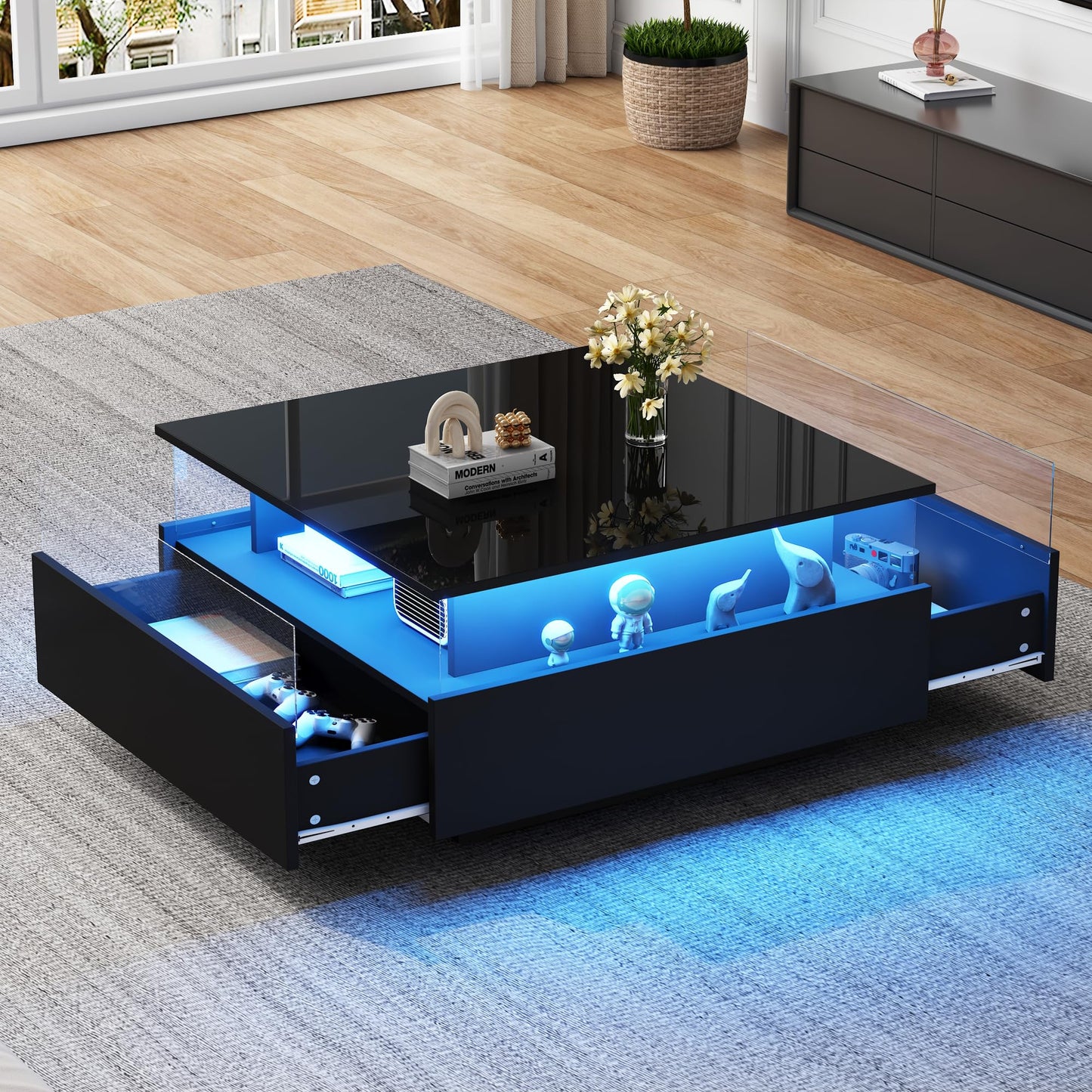 Modern High-Gloss LED Coffee Table with 2 Drawers and Transparent Presentation Area, Storage Space, Stable and Durable - Load Capacity up to 30 kg, Ideal for Living Room, 70 x 70 x 41 cm (Black)