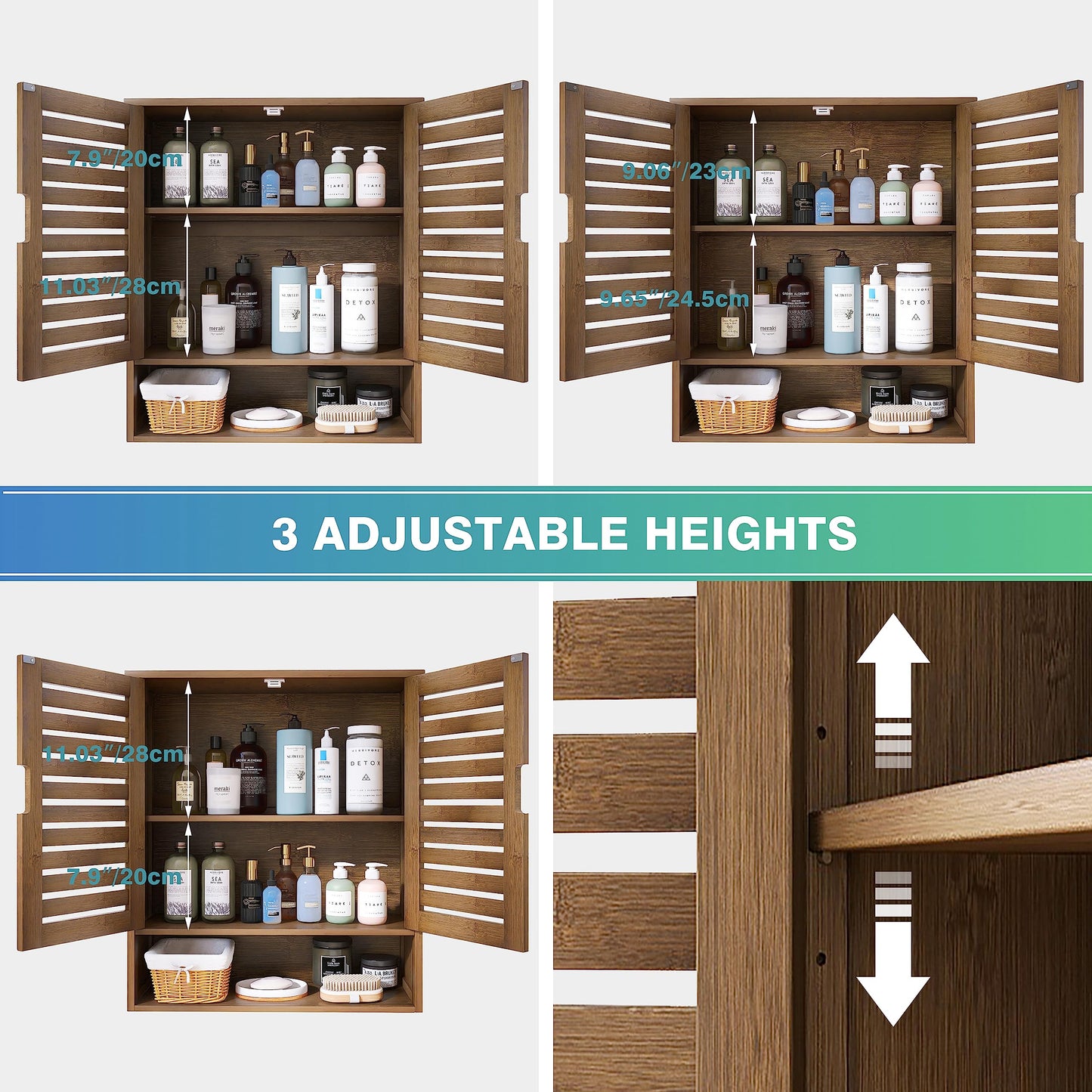 SMIBUY Bathroom Cabinet, Wall Mounted, Bamboo Over the Toilet Storage Organiser, Space Saving Medicine Cabinet with 2 Doors and Adjustable Shelves (Black)