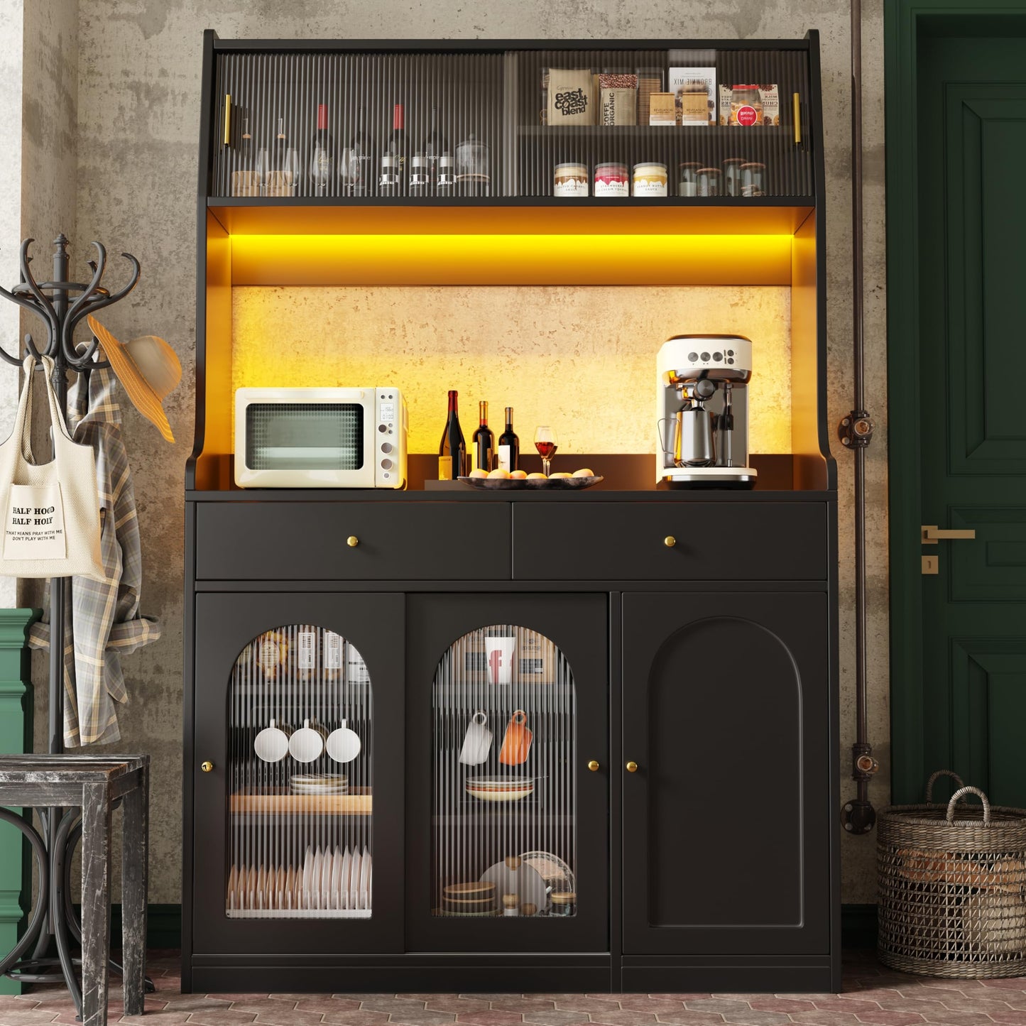 Merax Kitchen Cabinet with Worktop, Sideboard 120 Wide, Buffet Cabinet with Adjustable Shelves & Wine Rack, Tall Cabinet Kitchen Buffet with 4 Doors and 2 Drawers, Black, 120 x 40 x 188 cm