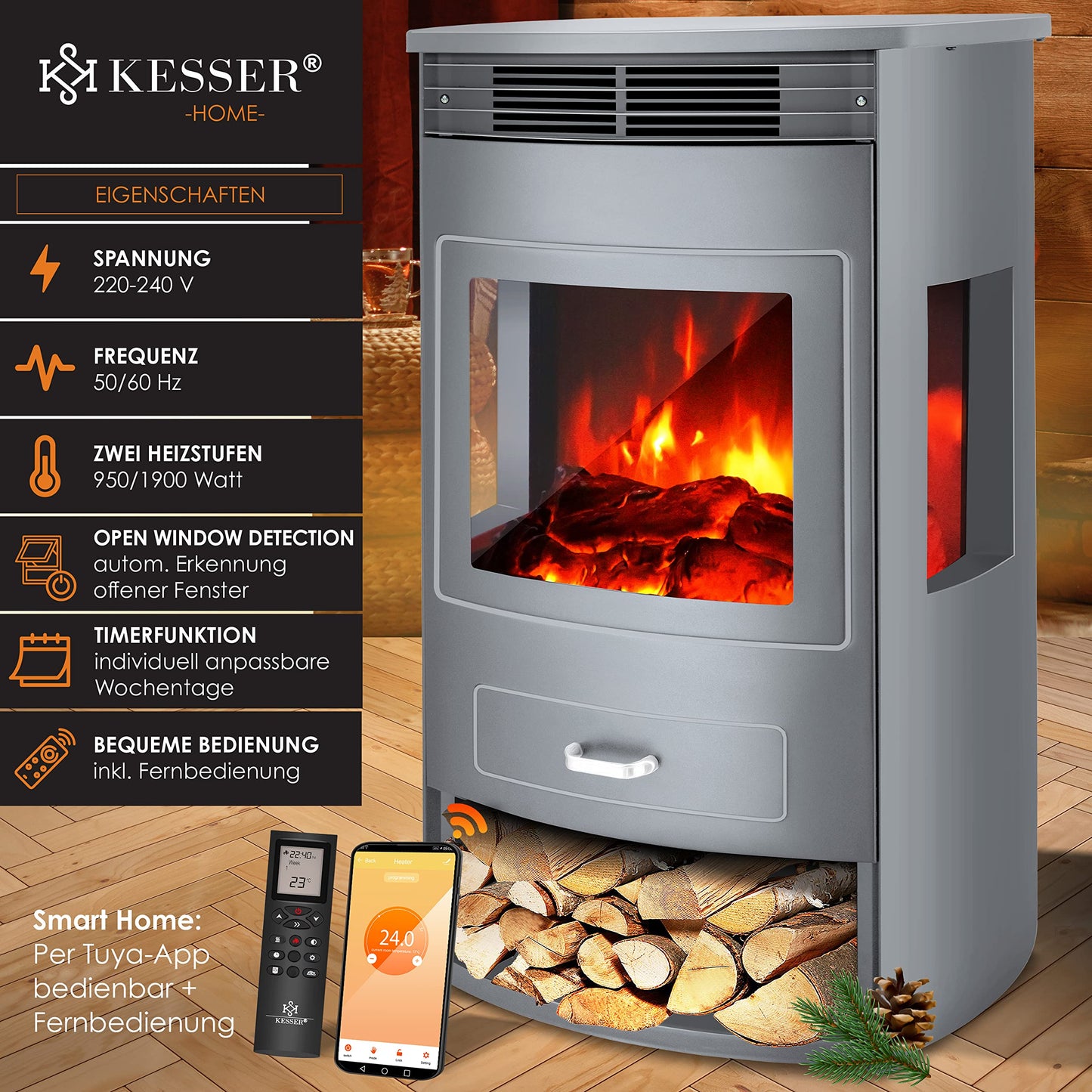 KESSER Prio Electric Fireplace Heater Fan Remote Control WiFi App 950/1900 W Fireplace Electric LED Flame Effect Fireplace Electric Thermostat Panoramic Viewing Window Heating Function Timer, Grey
