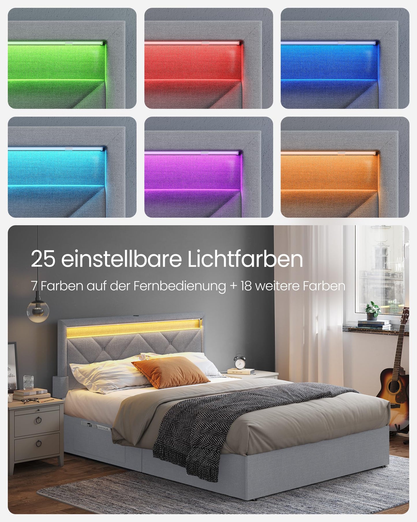 VASAGLE Double Bed Frame - Fits 140 x 200 cm Mattress - LED Metal Bed - 4 Drawers - Charging Station - Adjustable Padded Headboard - Slate Grey RMB827G02