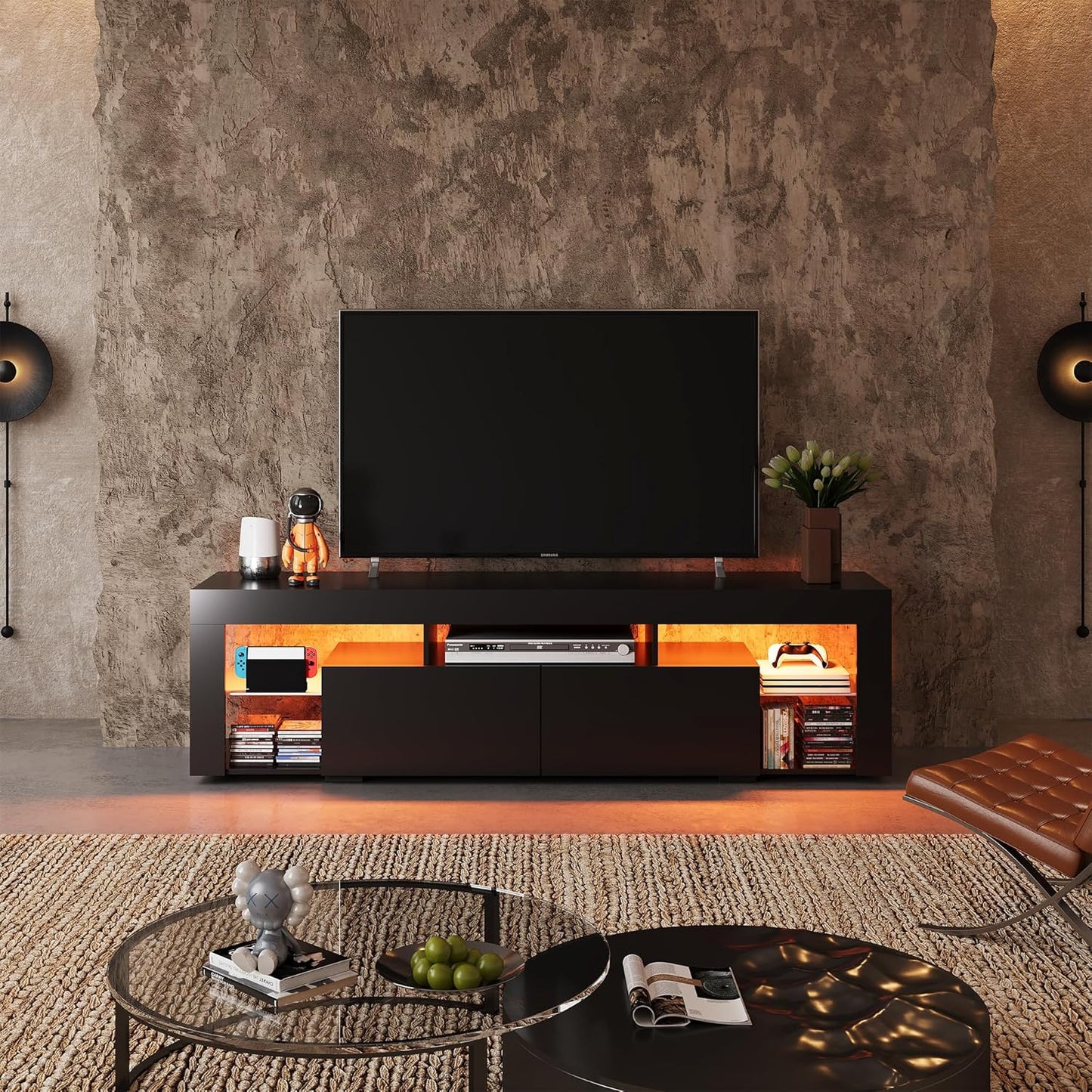 WLIVE 160 cm LED TV Cabinet, TV Cabinet, White TV Stand with LED for 50 55 60 65 70 Inch TV, 20 Colours RGB TV Cabinet for Living Room, Bedroom, Modern Wooden TV Bench with 2 Drawers