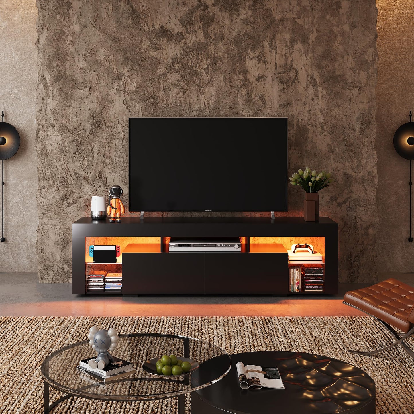 WLIVE TV Cabinet with LED, Lowboard Black for TVs up to 60 Inches, TV Stand for Living Room, 20 Colours LED Lighting, TV Cabinet with Open Storage Space and Drawers, Black