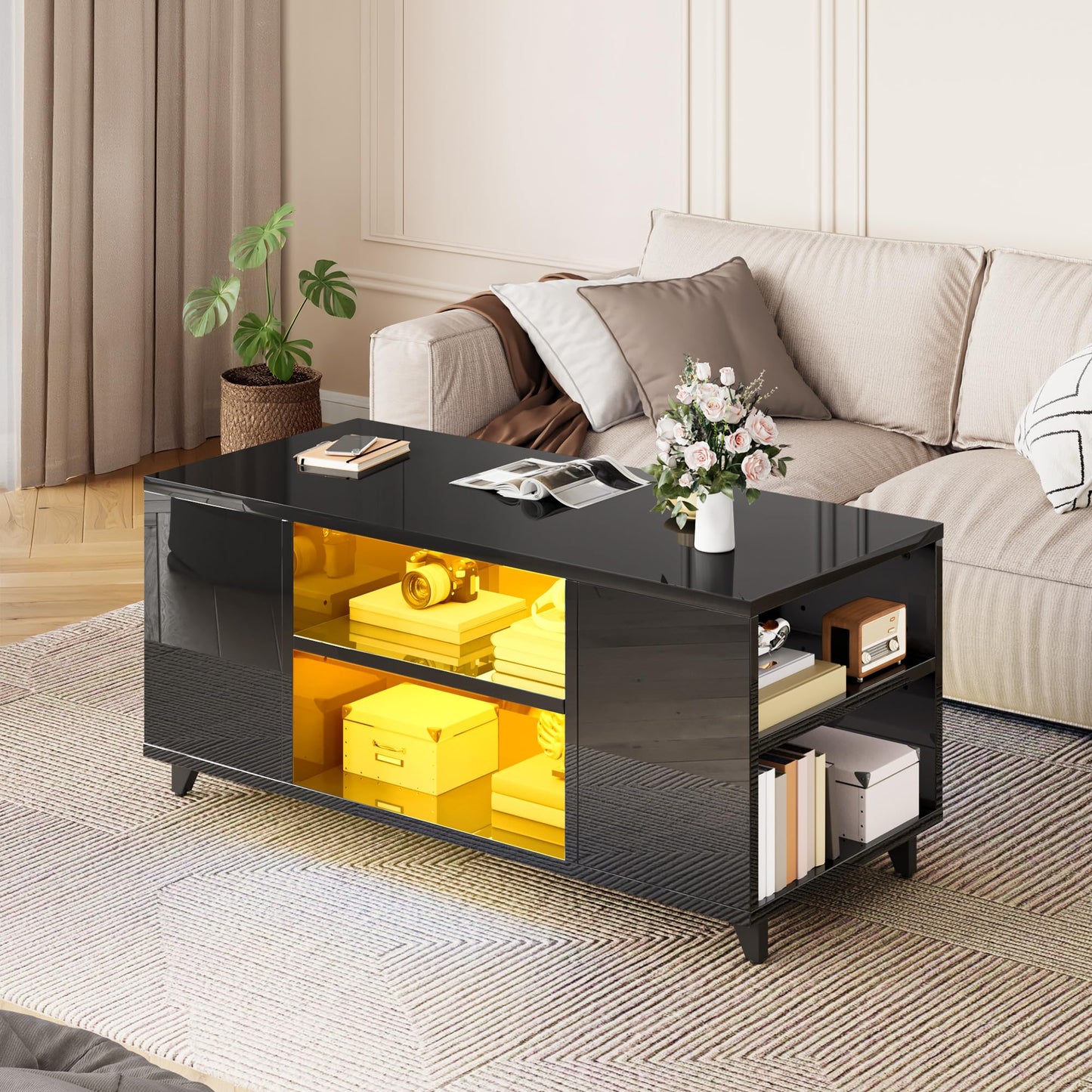 YITAHOME Coffee Table High Gloss Black Modern Living Room Table with 16-Colour LED Lighting Sofa Side Table with Adjustable Shelf 97.5 x 48 x 45 cm
