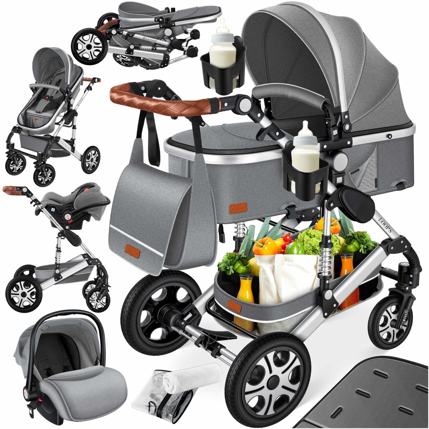 Kesser® Loops 3-in-1 Combination Pram, Complete Set Including Baby Tub & Buggy Sports Seat & Baby Car Seat, Full Rubber Tyres, Changing Bag / Rain Cover / Children's Table Set
