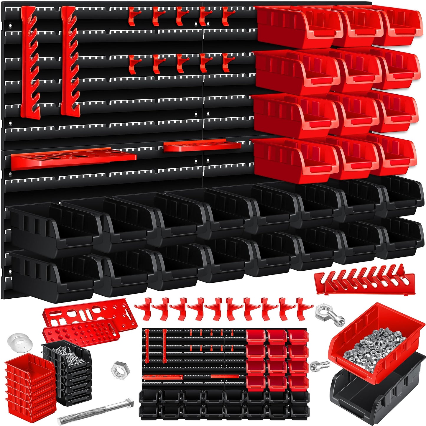 MASKO® Stacking Boxes, Wall Shelf, Tool Holder, 45-Piece Set, Expandable Storage Boxes, Storage Shelves, Boltless Hanging Shelf, Assortment Box, Small Parts Magazine Workshop Shelf, Black/Blue