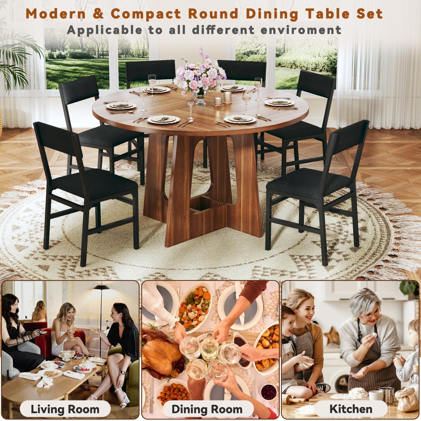 Round Dining Table Set for 6, 7-Piece Kitchen Table and Chairs for 6, 47'' Round Dining Room Table Set with 6 Chairs, Space Saving Dining Table with Wood Base for Kitchen, Living Room, Brown