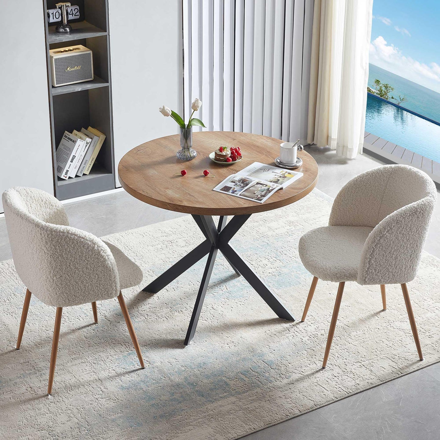 NORDICANA Esstisch mit 4 Stühlen Set, 95cm Runder Esstisch und 4 Kunstfell Loungesessel, Esszimmergruppe mit 4 Essstühlen, für Küche, Büro, Wohnzimmer, Balkon, Restaurant(Tisch+4 Braun Stühle)