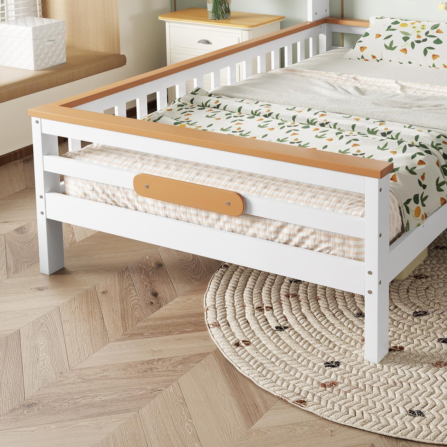 Merax Kinderbett 90x200cm mit Rausfallschutz, Kinder Hausbett mit Schubladen und Ablageregal, Stabiles Holz Baumhausbett mit Lattenrost, Spielbett für Jungen & Mädchen, Weiß