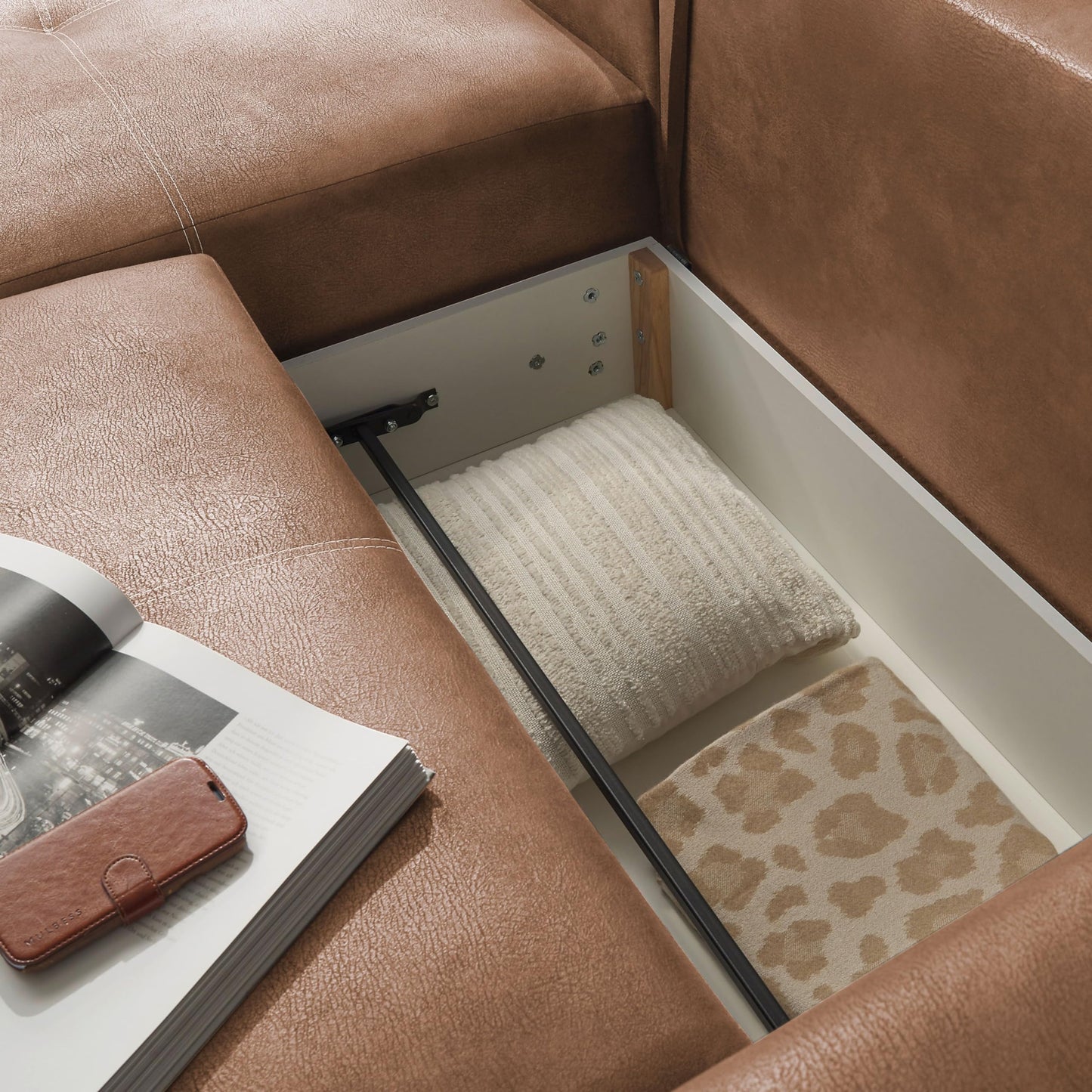 Dolan Comfortable Sofa Bed in Leather Look with Bed Box, Light Brown, Extendable Sofa with Sleep Function, 245 x 85 x 115 cm (W x H x D)